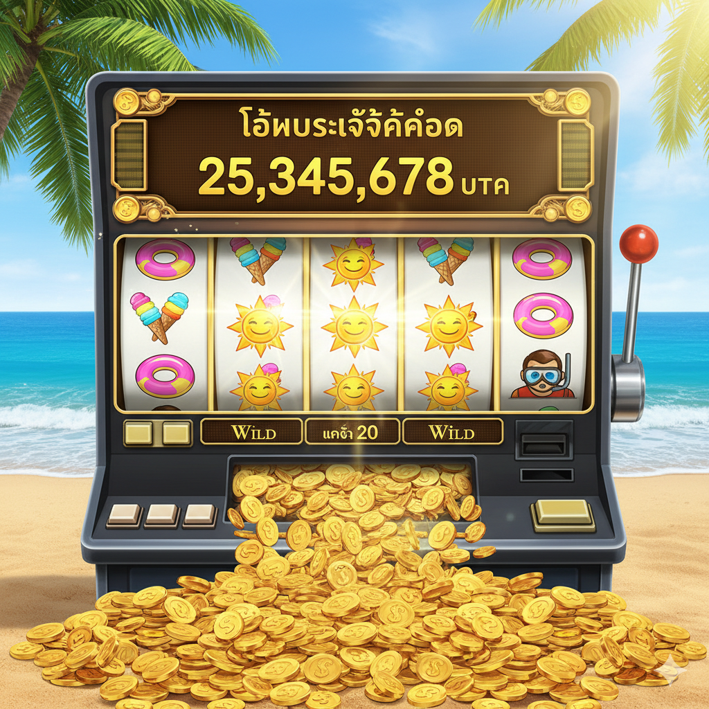 ภาพแสดงคุณสมบัติหลักของเกม: Progressive Jackpot ใน Beach Life Slot ภาพควรมุ่งเน้นไปที่วงล้อสล็อตที่มีสัญลักษณ์ Wild 'พระอาทิตย์ยิ้ม' 5 ตัวเรียงกันบนเพย์ไลน์ที่ 20 อย่างชัดเจน ด้านบนของวงล้อมีตัวเลขขนาดใหญ่แสดงมูลค่า Jackpot ที่พุ่งสูงถึงหลักล้านหรือสิบล้านบาทในสกุลเงินบาท (THB) บรรยากาศโดยรอบเป็นแสงแดดจ้าส่องประกายบนหน้าจอ และมีเหรียญทองจำนวนมากกำลังไหลออกมาจากเครื่องสล็อต เน้นโทนสีน้ำเงินและทองเพื่อสื่อถึงแจ็คพอตที่ยิ่งใหญ่และความร่ำรวย