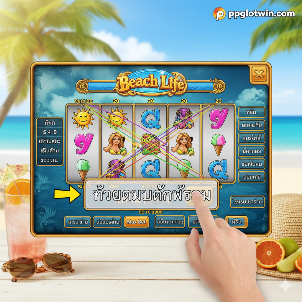 ภาพอธิบายขั้นตอนหรือเคล็ดลับการเล่นเพื่อลุ้นแจ็คพอต (Max Bet) โดยแสดงภาพมือของผู้เล่นกำลังคลิกปุ่ม 'เดิมพันสูงสุด' (Max Bet) บนอินเตอร์เฟสเกม Beach Life Slot อย่างชัดเจน วงล้อสล็อตควรแสดงเพย์ไลน์ทั้ง 20 ไลน์ที่เปิดใช้งานอยู่ทั้งหมด มีลูกศรชี้ไปที่ข้อความที่เน้นย้ำว่า 'ต้องเดิมพันสูงสุด' ในภาษาไทย องค์ประกอบโดยรอบเป็นอุปกรณ์สำหรับวันหยุด เช่น แว่นกันแดด และเครื่องดื่มเย็นๆ เน้นความรู้สึกของการเล่นอย่างมีกลยุทธ์ภายใต้บรรยากาศสบายๆ