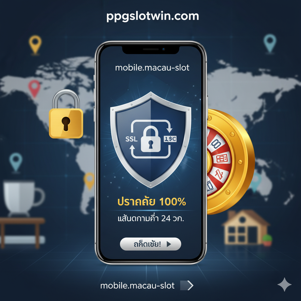 ออกแบบสรุป图，强调“ปลอดภัย 100%” (100% 安全) และ“เล่นได้ทุกที่” (随时随地玩)。画面应融合安全锁标志、手机、以及代表Macau Slot的金色轮盘元素。主体是一个手机界面上有一个巨大的安全盾牌และธงชาติไทย