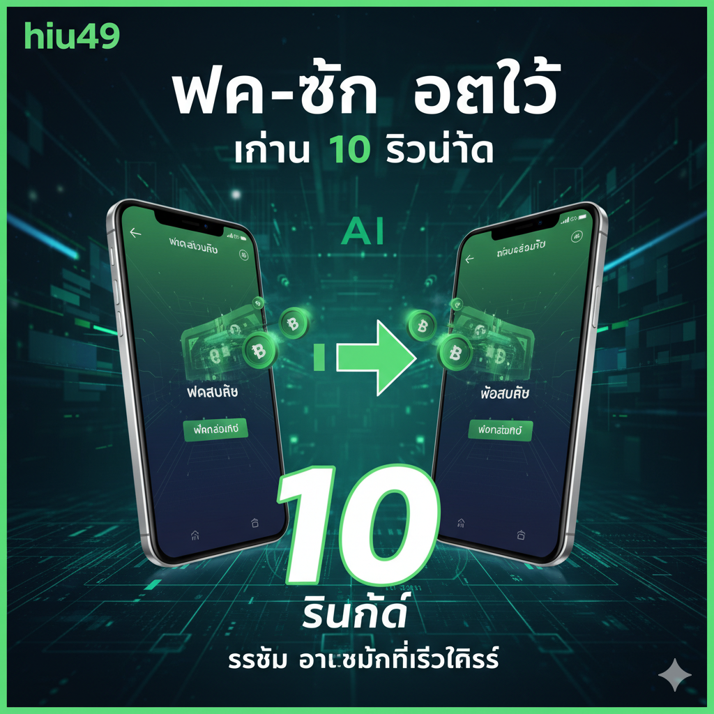 功能特性图聚焦于“ฝาก-ถอน ออโต้ ภายใน 10 วินาที” (自动存取款 10秒内)。图片主体是两个被箭头连接的手机屏幕，一个屏幕显示“Deposit Success”和快速流动的泰铢符号（฿），另一个屏幕显示“Withdraw Success”。背景是数字化的速度线和AI元素，使用亮绿色和蓝色调来体现技术和效率。在中央突出一个大号的数字“10”和泰文“วินาที” (秒)，并配以“FASTEST AUTO SYSTEM”的英文或泰文说明，强调极速体验。