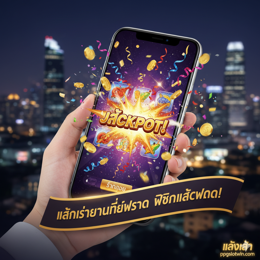 总结图聚焦于“Mobile Integration”和“Jackpot”。图片中央是一个正在运行老虎机游戏的智能手机,屏幕上显示着“BIG WIN”或“JACKPOT”的爆炸性动画,金币和彩带从屏幕中飞出。构图应充满动感和胜利的喜悦,体现随时随地都能盈利的便捷性。背景可以是一个模糊的现代城市夜景,暗示随时随地都能玩。在手机下方或周围,用泰文总结:“เล่นง่ายทุกที่ทุกเวลา พิชิตแจ็คพอต!” (随时随地轻松玩,征服大奖!)。