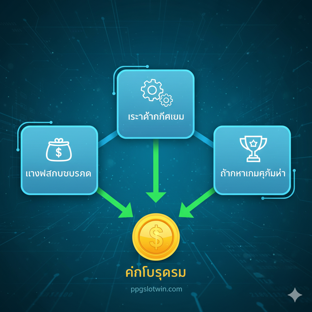 ภาพเน้นข้อดีของการใช้โหมดทดลองเล่นเพื่อวางแผนกลยุทธ์ ภาพควรแบ่งเป็น 3 ส่วน (อาจเป็น 3 กล่องข้อความ) แสดงแนวคิดหลัก: 1. 'วางแผนงบประมาณ' (ไอคอนกระเป๋าเงิน) 2. 'เข้าใจกลไกเกม' (ไอคอนเฟืองเกียร์) 3. 'ค้นหาเกมคุ้มค่า' (ไอคอนมงกุฎ/ถ้วยรางวัล) องค์ประกอบควรมีการจัดวางแบบ Dynamic มีเส้นเชื่อมโยง หรือลูกศรชี้ไปสู่เป้าหมายสุดท้ายคือ 'Big Win' หรือ 'กำไรสูงสุด' ใช้โทนสีน้ำเงิน/เขียวที่ให้ความรู้สึกถึงความฉลาดและกลยุทธ์