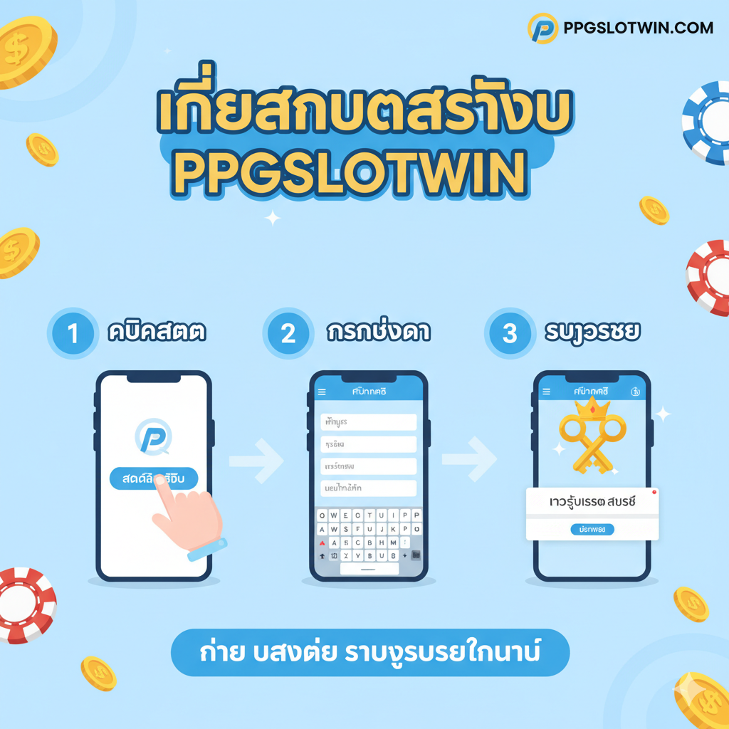 教程指导图，展示PPGSLOTWIN的3步注册流程。图片采用清新的蓝色和白色作为主色调，使用流程图或信息图表的风格。将注册过程分解为三个编号的步骤：1. 'คลิกสมัคร'（点击注册）- 一个手指点击屏幕的图标；2. 'กรอกข้อมูล'（填写信息）- 一个简化的手机表单界面；3. 'รับยูสเซอร์'（获取账号）- 一个带有钥匙和皇冠的图标。整体设计应使用泰文清晰标注每个步骤，并在背景添加一些散落的金币或筹码，增强娱乐性，突出“简单”和“快速”。