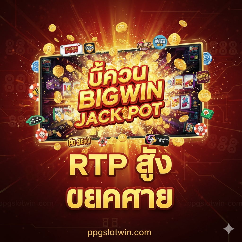 优势图，聚焦于高RTP和'แตกง่าย'（易爆奖）的游戏优势。画面中心是一个巨大的老虎机屏幕，上面显示着一个醒目的'BIG WIN'或'JACKPOT'字样，并伴随大量的金币และ泰铢符号飞出。屏幕周围环绕着PG Soft和Pragmatic Play等热门游戏供应商的微小标志，强调游戏的多样性และ质量。色彩鲜艳，以红色、金色และ绿色为主，营造出兴奋และ盈利的氛围。构图应将'RTP สูง'（高RTP）และ'แตกง่าย'用泰文重点突出，让玩家一眼看到即可理解其优势。