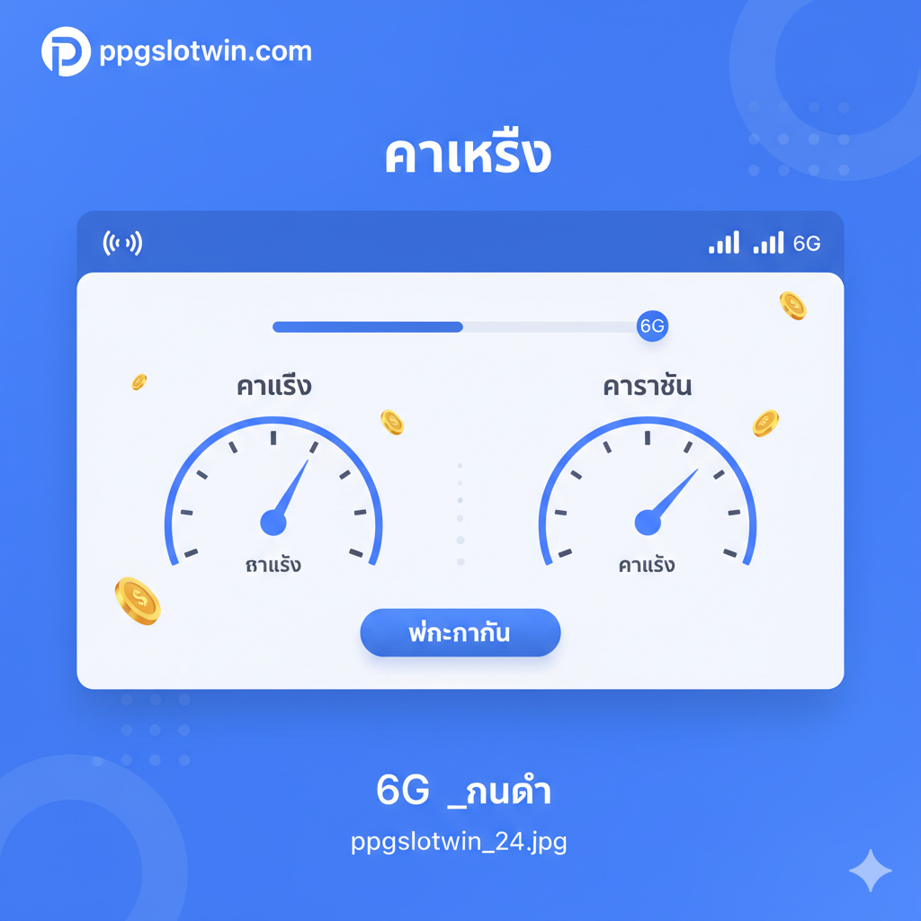 功能特性图片应聚焦于“ความเร็ว”和“ความเสถียร”。画面采用简洁的UI界面风格, 展示一个极速加载的进度条或一个满格信号塔（象征6G网络）。主元素是两个对比鲜明的仪表盘：一个标着“Speed”指针指向极速, 另一个标着“Stability”显示纹丝不动。色彩使用明快的蓝色和白色, 辅以少量金色奖励元素。ในหน้าจอตรงกลาง, เน้นแสดงปุ่มที่มีคำว่า“Instant Win” หรือ“Fast Payout”, สื่อถึงฟังก์ชันหลักของประสบการณ์การเล่นเกมที่รวดเร็วและเสถียร。