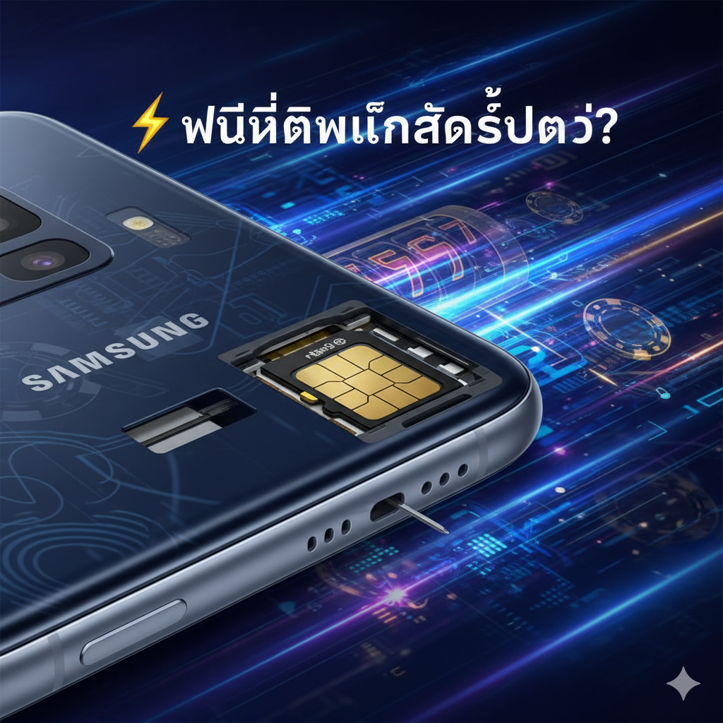 ภาพเน้นไปที่ฟังก์ชัน 'Hybrid Dual SIM Slot' ของ Samsung S10 โดยแสดงถาดใส่ซิมที่ขยายใหญ่ขึ้นอย่างชัดเจน พร้อมช่องใส่ซิม 1 และช่องใส่ MicroSD การ์ดพร้อมลูกศรหรือเส้นประที่เน้นย้ำถึงทางเลือกอื่น