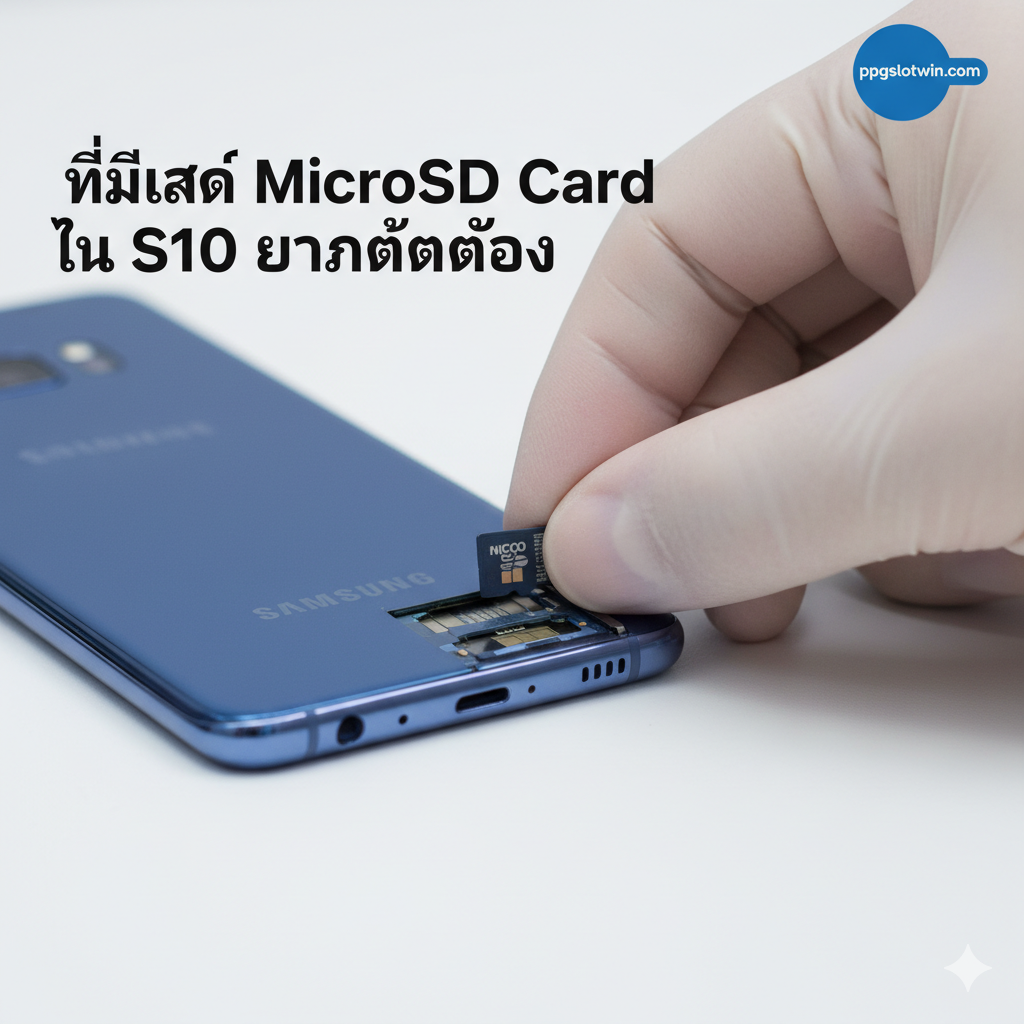 ภาพประกอบการสอนทีละขั้นตอนที่ชัดเจนซึ่งแสดงการใส่ MicroSD การ์ดลงในถาด S10 อย่างระมัดระวัง โดยเน้นที่การวางการ์ดอย่างแม่นยำในช่องที่กำหนด (หน้าสัมผัส SD การ์ดคว่ำลง)