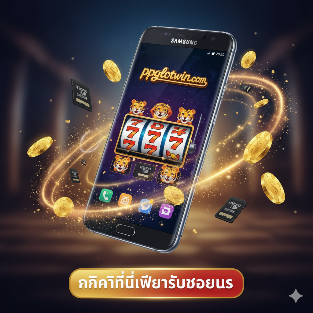 ภาพแสดงโทรศัพท์ Samsung S10 พร้อมหน้าจอเกมสล็อต, MicroSD การ์ด, และองค์ประกอบเหรียญ/ชิปที่ลอยอยู่, พร้อมปุ่ม CTA เพื่อเป็นข้อสรุปและการเรียกร้องให้ดำเนินการ