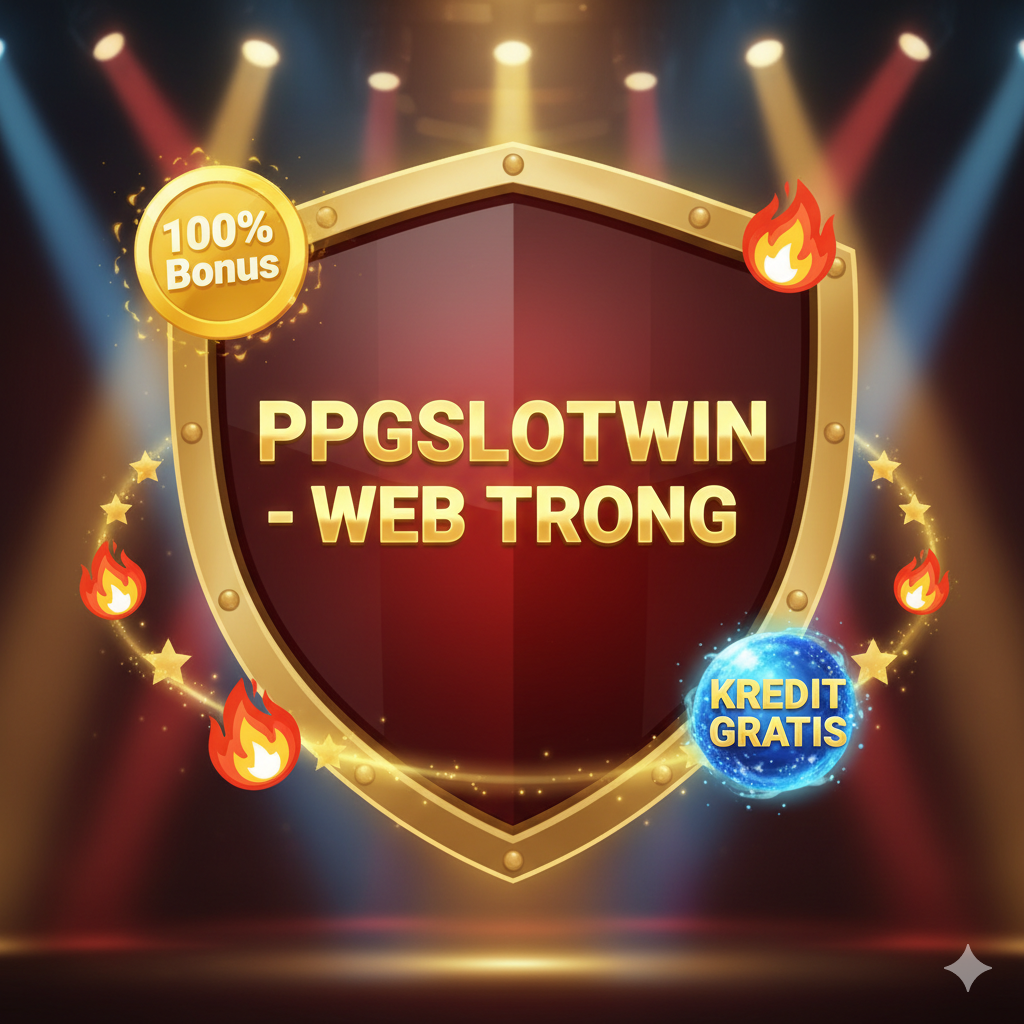此图旨在强调ppgslotwin作为เว็บตรง**（直营网站）的安全性和โปรโมชั่น（优惠）。画面应描绘一个巨大的盾牌，上面刻有**'PPGSLOTWIN - WEB TRONG'字样，象征安全和可信赖**。盾牌周围环绕着闪烁的'100% Bonus'、'เครดิตฟรี'（Free Credit）和火焰图标，代表丰厚的优惠。背景可以采用舞台聚光灯效果，突出优惠的吸引力。整体构图应充满力量感和信任感，使用深红色和金黄色，营造出权威和热情的视觉效果。