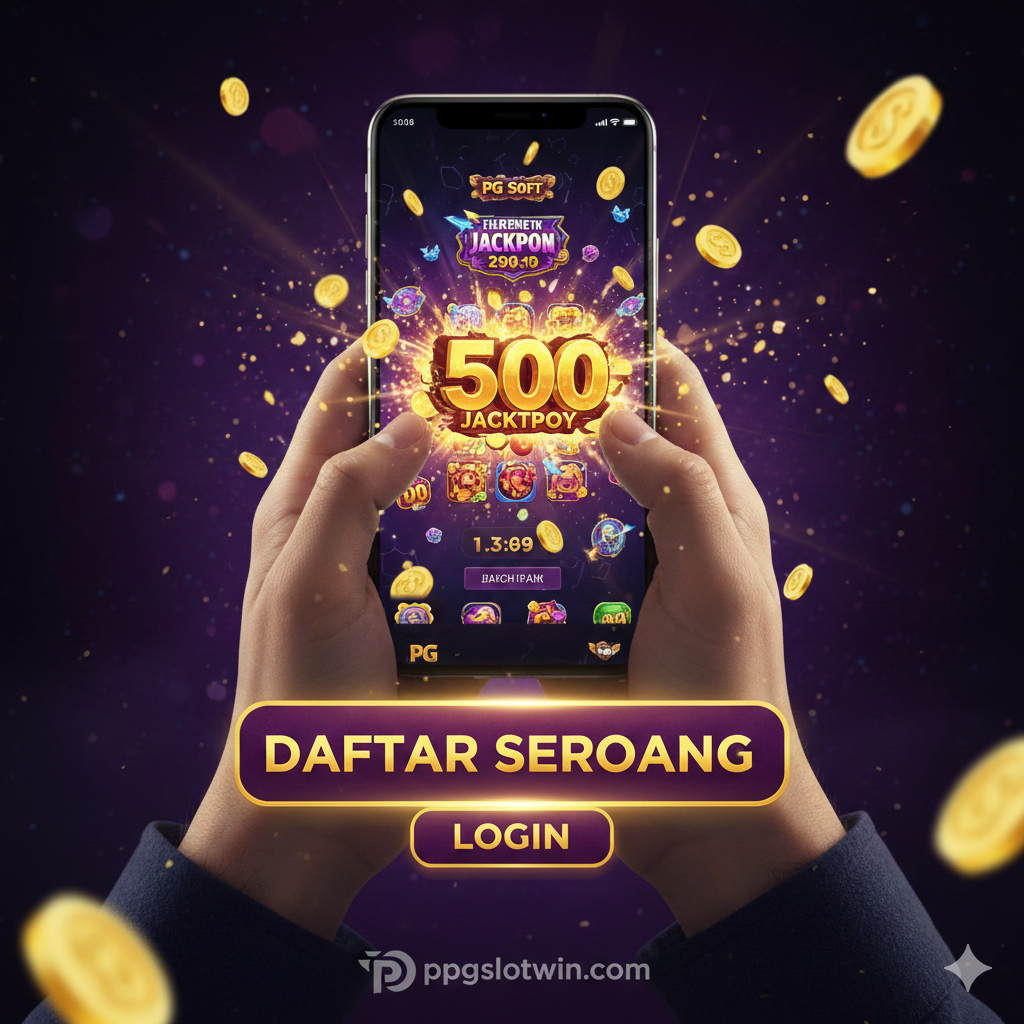 Gambar penutup yang mengundang aksi. Tampilkan adegan kegembiraan Maxwin: Tangan yang memegang ponsel dengan layar kemenangan besar di game PG Soft (misalnya pecahan jackpot/scatter), dikelilingi oleh hujan koin emas yang beterbangan (efek kemenangan). Di latar depan, sebuah tombol 'DAFTAR SEKARANG' (Register Now) atau 'LOGIN' yang besar dan berkilauan. Gunakan efek pencahayaan dramatis dan warna-warna yang kaya (emas, ungu gelap, biru) untuk menciptakan rasa urgensi dan hadiah besar. Tujuannya adalah mendorong pembaca untuk langsung mendaftar di ppgslotwin.com.