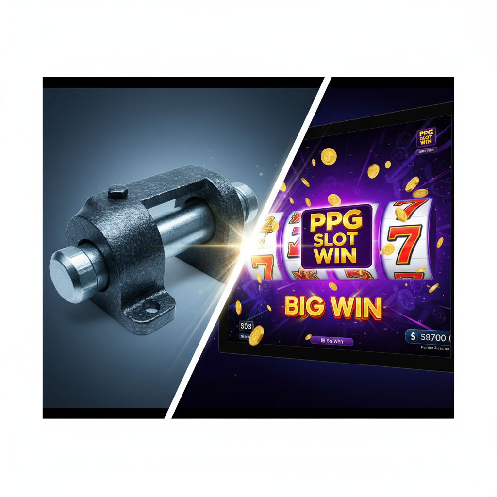 A dynamic cover image using a striking split-screen composition to illustrate the search intent shift. On the left side, show a heavy-duty, dark metal trailer hitch lock (aanhanger slot) representing physical security, rendered in cool blue and silver tones with a focus on its rugged texture. On the right side, feature a vibrant, high-resolution online slot machine screen with the PPG SLOT WIN logo prominently displayed, showing a 'Big Win' and scattering gold coins, symbolizing digital profit and excitement. A bright, stylized beam of light or energy connects the two halves, acting as a visual metaphor for the user's focus shifting from the physical lock to the digital slot machine. The overall style is modern and high-contrast.