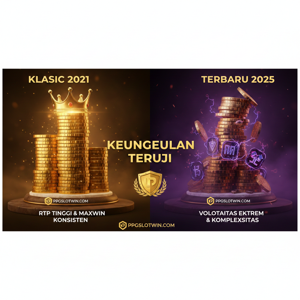 Gambar perbandingan yang memvisualisasikan keunggulan slot klasik 2021. Gunakan gaya split screen atau triptych. Sisi kiri: label 'Klasik 2021' dengan tumpukan koin emas yang sangat tinggi dan stabil, dihiasi mahkota (melambangkan RTP Tinggi dan Maxwin Konsisten). Sisi kanan: label 'Terbaru 2025' dengan tumpukan koin yang lebih besar namun terlihat sedikit tidak stabil atau memiliki elemen misterius (melambangkan Volatilitas Ekstrem dan Kompleksitas). Gaya bersih dan profesional, dengan fokus pada tema nostalgia kemenangan yang teruji.