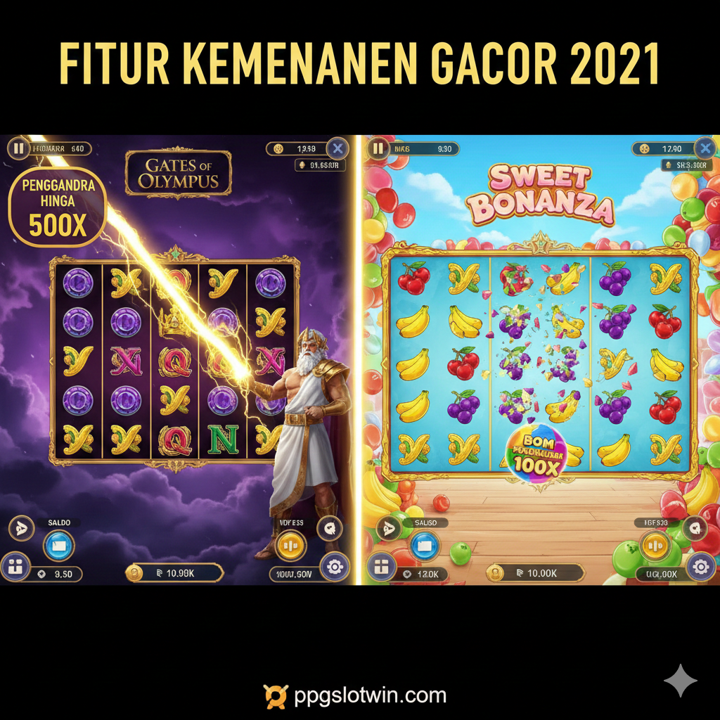 Gambar yang menyoroti fitur unggulan (Multiplier dan Tumble). Tampilkan dua layar slot berdampingan: satu sisi menunjukkan 'Gates of Olympus' dengan Kakek Zeus melepaskan petir besar (sebagai Multiplier hingga 500x) di latar belakang ungu gelap, dan sisi lain menunjukkan 'Sweet Bonanza' dengan rentetan simbol buah pecah (efek Tumble) dan Bom Multiplier 100x yang jatuh di latar belakang cerah. Gunakan elemen UI game yang jelas. Tujuannya adalah memvisualisasikan mekanisme kemenangan 'Gacor' yang inovatif di tahun 2021.