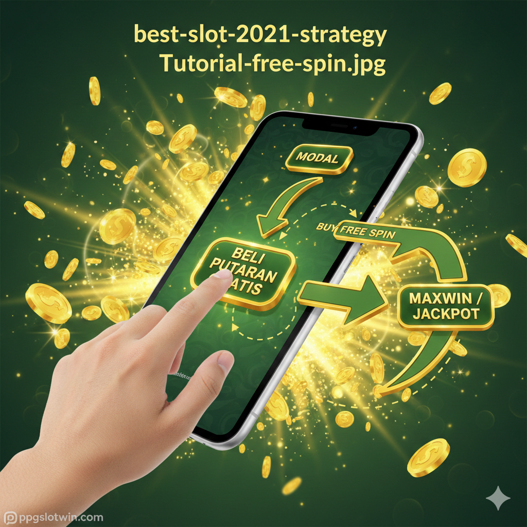 Visualisasi panduan strategi 'Buy Free Spin'. Gambarkan tangan seseorang yang menekan tombol 'Beli Putaran Gratis' (Buy Free Spin) pada layar smartphone atau tablet, dengan latar belakang koin emas bertebaran dan animasi putaran bonus yang eksplosif. Tunjukkan panah alur dari 'Modal' menuju 'Buy Spin' yang mengarah ke 'Maxwin/Jackpot' di ujungnya. Warna dominan hijau dan emas untuk melambangkan uang dan kemenangan. Komposisi yang fokus dan instruktif.