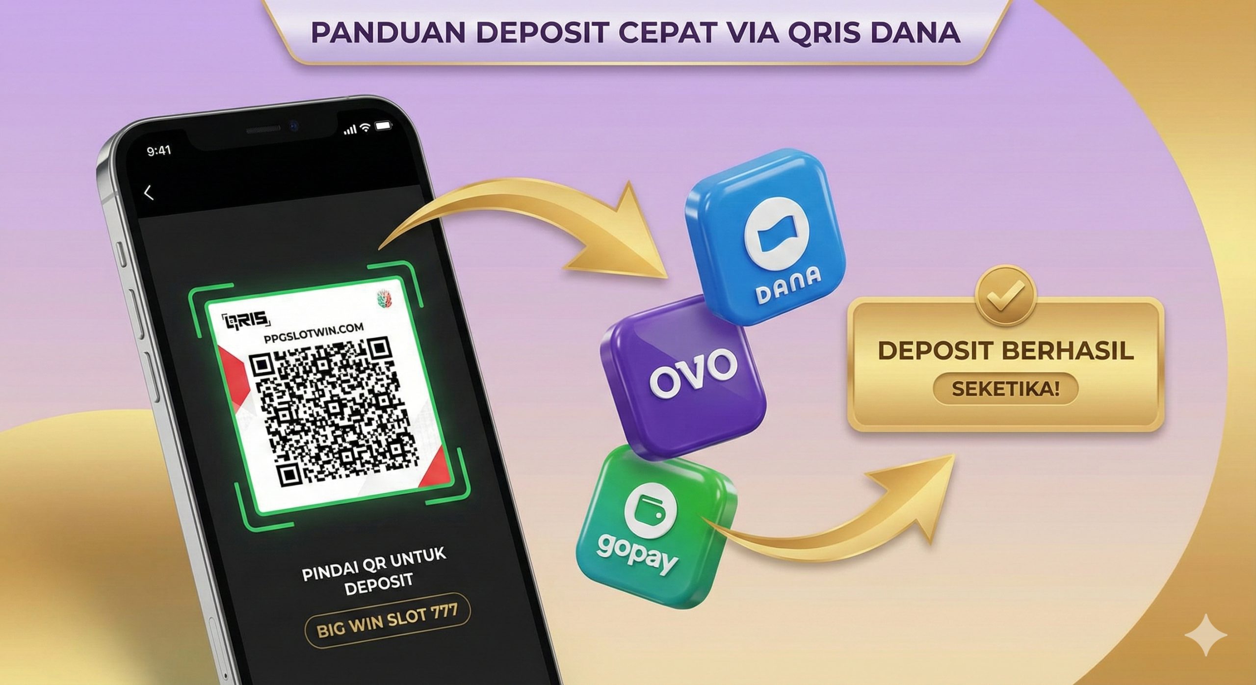 体现安全与信任的优势插图。画面核心是一个坚固的金色盾牌,上面刻有安全认证的钩号,盾牌后方堆叠着厚厚的印尼盾钞票,象征着'必定赔付'的承诺。旁边有一个以火箭速度冲刺的钱包图标,代表提款无延迟。光影处理温暖而稳重,使用金色和白色的高光材质,传达出PPGSlotWin作为正规代理的权威感和可靠性。