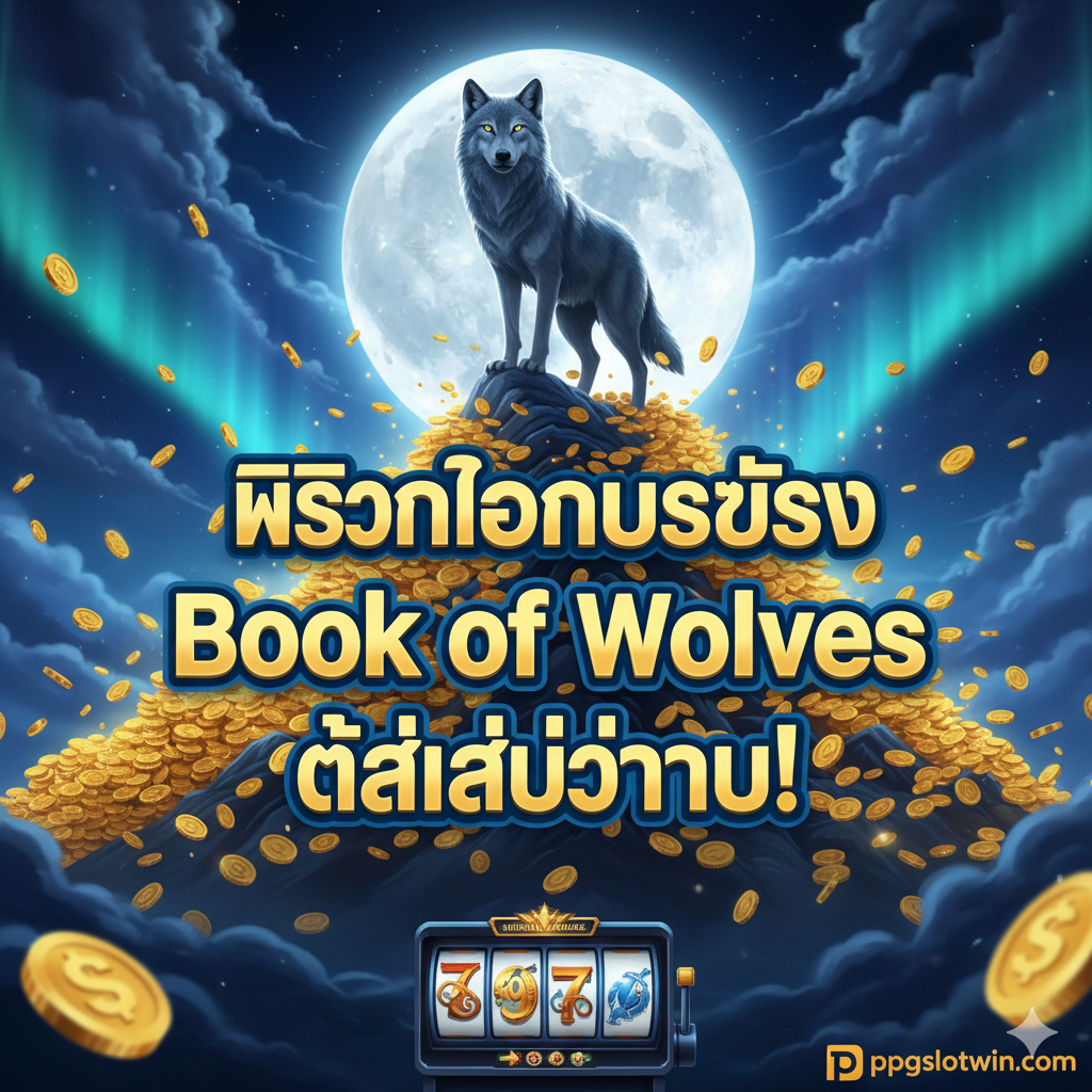 ภาพสรุปที่สร้างแรงบันดาลใจและเป็น Call to Action หมาป่าตัวใหญ่ยืนเด่นบนยอดเขาสูงท่ามกลางแสงจันทร์เต็มดวง แสดงถึงชัยชนะและความสำเร็จ มีเงินเหรียญทองจำนวนมากโปรยปรายลงมาเป็นพื้นหลัง ข้อความหลักขนาดใหญ่ในภาพควรเป็น 'พิชิตโบนัสใหญ่ Book of Wolves ได้แล้ววันนี้!' เน้นโทนสีที่ให้ความรู้สึกของความมั่งคั่ง (ทอง) และความตื่นเต้น (น้ำเงินเข้ม) โดยมีจุดโฟกัสที่การเข้าถึงรางวัลสูงสุด