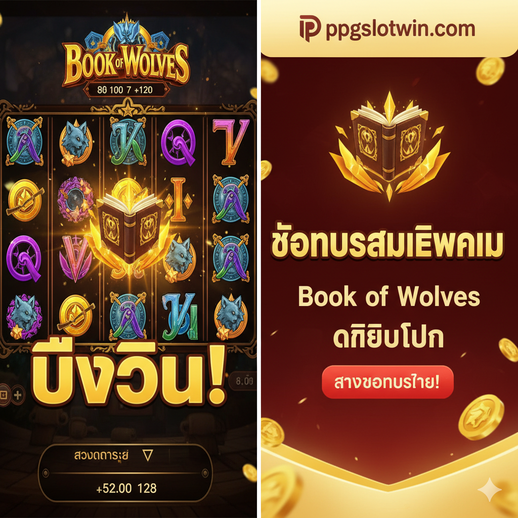 ภาพเปรียบเทียบหรือรวมองค์ประกอบที่แสดงข้อได้เปรียบของการเล่นที่ ppgslotwin.com ครึ่งหนึ่งของภาพเป็นฉากเกม Book of Wolves ที่กำลังจะแตกรางวัล อีกครึ่งหนึ่งเป็นแบนเนอร์โปรโมชั่นต้อนรับสมาชิกใหม่ของเว็บไซต์ (ppgslotwin.com) ที่มีข้อความภาษาไทยว่า 'โบนัสสมาชิกใหม่' หรือ 'Book of Wolves เครดิตฟรี' เน้นสีสันที่สดใสและน่าเชื่อถือ เช่น สีทอง แดง และขาว สื่อถึงการผสานโอกาสทำเงินจากเกมกับสิทธิพิเศษจากเว็บตรง
