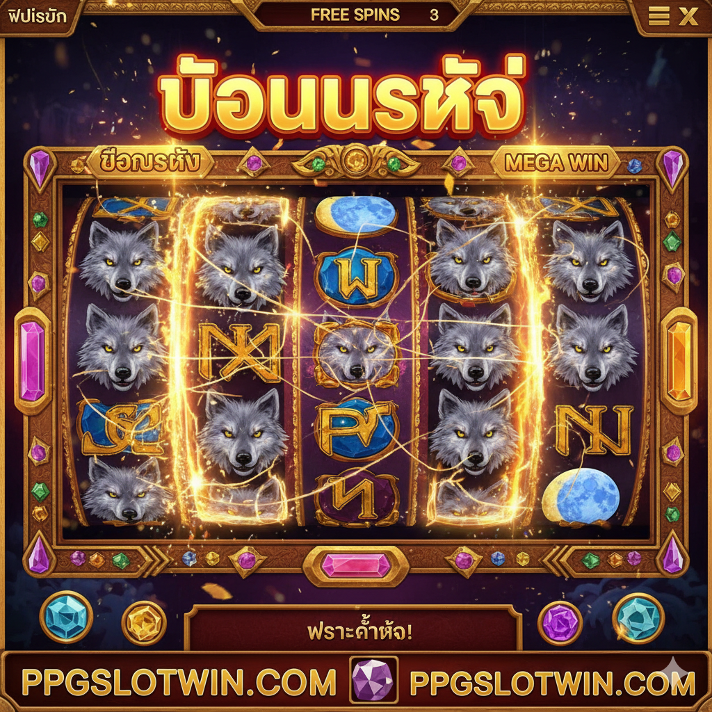 ภาพที่เน้นฟีเจอร์ Expanding Symbol หรือสัญลักษณ์ขยาย ในรอบฟรีสปิน (Free Spins) แสดงให้เห็นหน้าจอเกมสล็อต 5x3 ที่มีวงล้ออย่างน้อยสองวงล้อขยายเต็มด้วยสัญลักษณ์หมาป่า (สัญลักษณ์จ่ายสูงสุด) สร้างเส้นเพย์ไลน์จำนวนมาก มีข้อความตัวใหญ่เรืองแสงว่า 'BIG WIN' หรือ 'MEGA WIN' ลอยอยู่เหนือวงล้อ เน้นสีทองและแดงสดเพื่อแสดงถึงการจ่ายรางวัลใหญ่ที่แตกง่าย เป็นภาพที่ทรงพลังและสื่อถึงโอกาสในการทำเงินมหาศาล