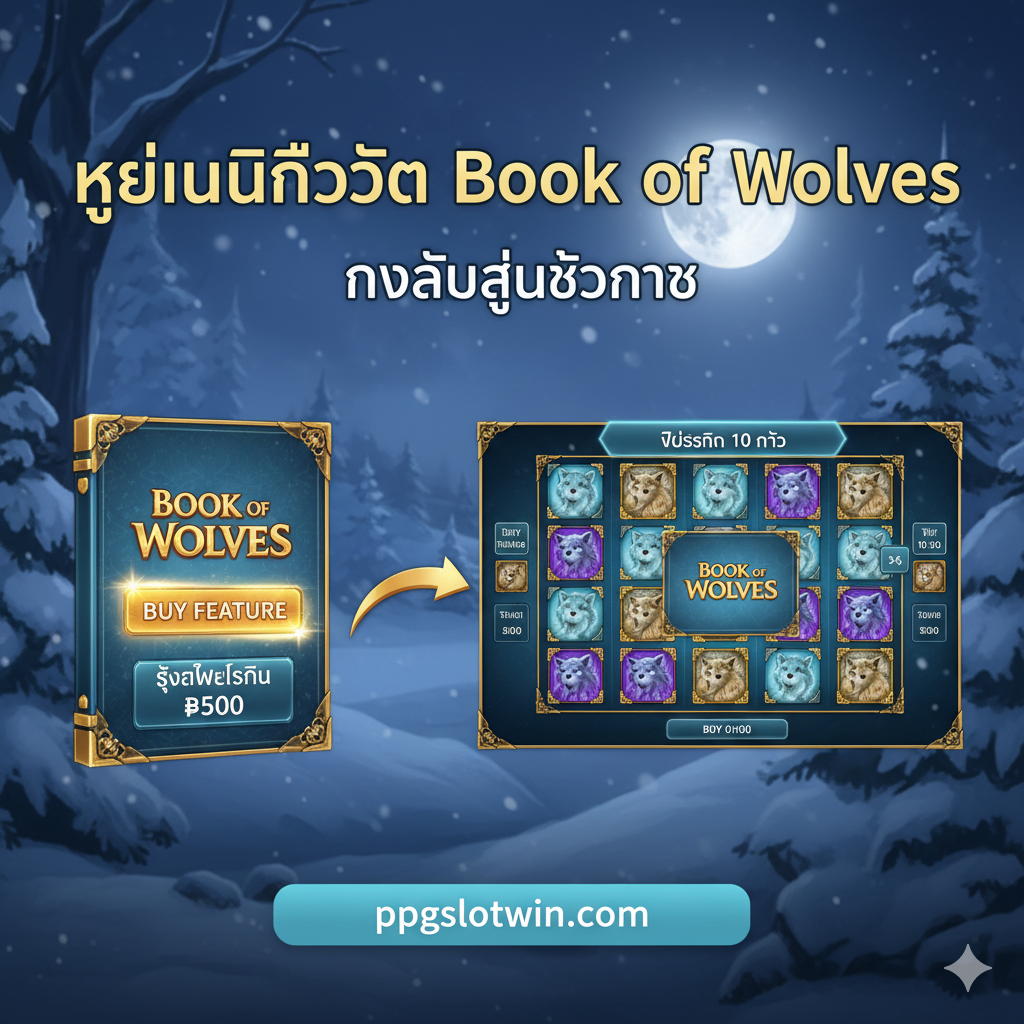 ภาพกราฟิกเชิงแนะนำที่เน้นการใช้ 'ซื้อฟรีสปิน' (Buy Feature) และการชนะรางวัล แสดงปุ่ม 'Buy Feature' ในเกมที่ถูกไฮไลท์ด้วยสีเขียวหรือทองอย่างชัดเจน พร้อมราคาซื้อที่กำหนด มีลูกศรชี้จากปุ่มไปยังหน้าจอโบนัสฟรีสปิน 10 ครั้ง เพื่อสื่อถึงความสะดวกในการเข้าถึงโบนัสโดยตรง องค์ประกอบโดยรวมดูสะอาดตา เป็นระเบียบ เพื่อแสดงถึงกลยุทธ์และทางลัดในการพิชิตรางวัลใหญ่ของเกมนี้