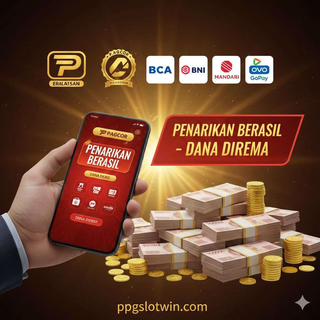 Sebuah gambar yang menggarisbawahi keunggulan Ppgslotwin dalam hal kepercayaan dan kecepatan payout (penarikan). Fokus utama adalah dua elemen: 'Kecepatan Payout' dan 'Trust Signals'. Tampilkan tangan yang memegang ponsel dengan notifikasi 'Withdrawal Berhasil - Uang Masuk' di layar, di bawahnya tumpukan uang tunai atau koin. Di bagian latar belakang, letakkan ikon lisensi resmi (seperti P.A.G.C.O.R atau M.G.A) dan logo bank/e-wallet lokal Indonesia yang dikenal. Gunakan warna emas dan merah untuk mencerminkan kecepatan, keamanan, dan legitimasi. Komposisi harus memberikan kesan kepastian dan transaksi finansial yang aman dan cepat.