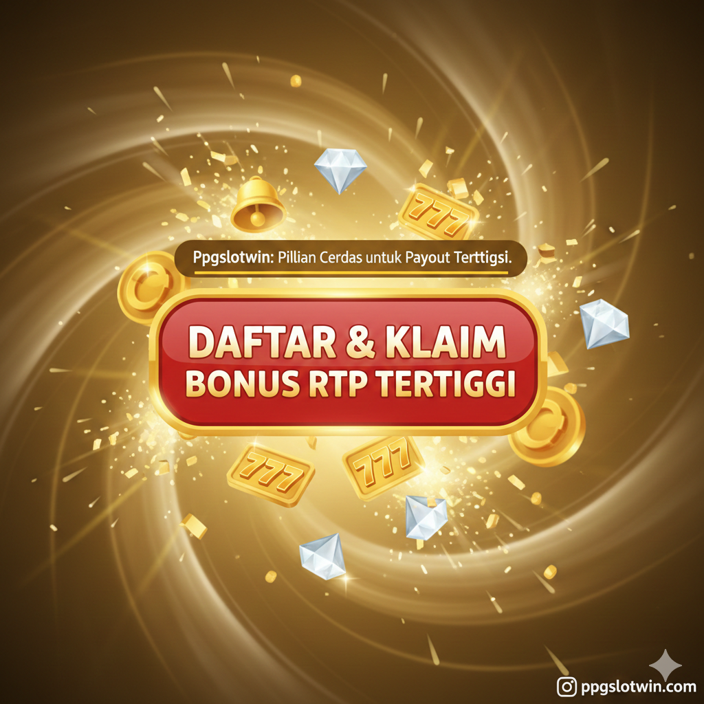 Gambar penutup yang kuat untuk Call to Action (CTA). Komposisi harus berupa layar akhir yang menarik. Tampilkan sebuah tombol besar yang menonjol di tengah, berlabel 'DAFTAR & KLAIM BONUS RTP TERTINGGI'. Di sekeliling tombol tersebut, letakkan ikon-ikon kemenangan (seperti lonceng, 777, berlian) yang meledak dengan kilauan cahaya. Latar belakang harus berenergi tinggi, mungkin dengan efek pusaran kemenangan yang mengarah ke tombol, mengindikasikan pemain akan menuju keuntungan maksimal. Sertakan tagline singkat: 'Ppgslotwin: Pilihan Cerdas untuk Payout Tertinggi.' Gunakan warna yang cerah dan memotivasi, seperti merah, emas, dan putih, untuk mendorong klik.
