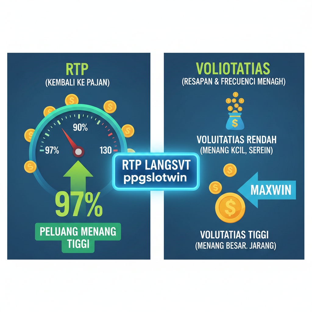 Visualisasi strategi bermain slot yang cerdas, yang menekankan keseimbangan antara RTP tinggi dan Volatilitas yang sesuai. Gambar ini harus berupa diagram alir atau infografis sederhana. Bagian atas menampilkan dua jalur terpisah: satu berlabel 'Volatilitas Rendah - Kemenangan Kecil Sering' (dengan ikon tumpukan koin kecil) dan jalur lain berlabel 'Volatilitas Tinggi - Jackpot Besar Jarang' (dengan ikon mahkota besar atau ledakan jackpot). Di tengah, harus ada ikon 'Otak' atau 'Roda Gigi' yang mewakili keputusan pemain, dengan fokus pada pengelolaan 'Bankroll'. Gaya harus bersih, informatif, dan menggunakan panah untuk menunjukkan alur keputusan, menekankan bahwa 'Strategi' adalah kunci Payout Tertinggi.