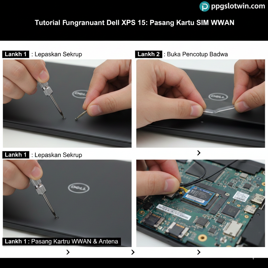 An exploded view or diagram of the Dell XPS 15's internal components. The focus is on the location of the M.2 slot designated for the WWAN (Wireless Wide Area Network) module. The laptop's bottom panel is transparent or slightly lifted. A small M.2 card (labeled 'WWAN Module') and two small antenna wires (black and white/gray) should be highlighted with bright, directional arrows pointing to the empty M.2 slot, clearly showing the installation point inside the machine. Use a schematic or blueprint style with clear labels.