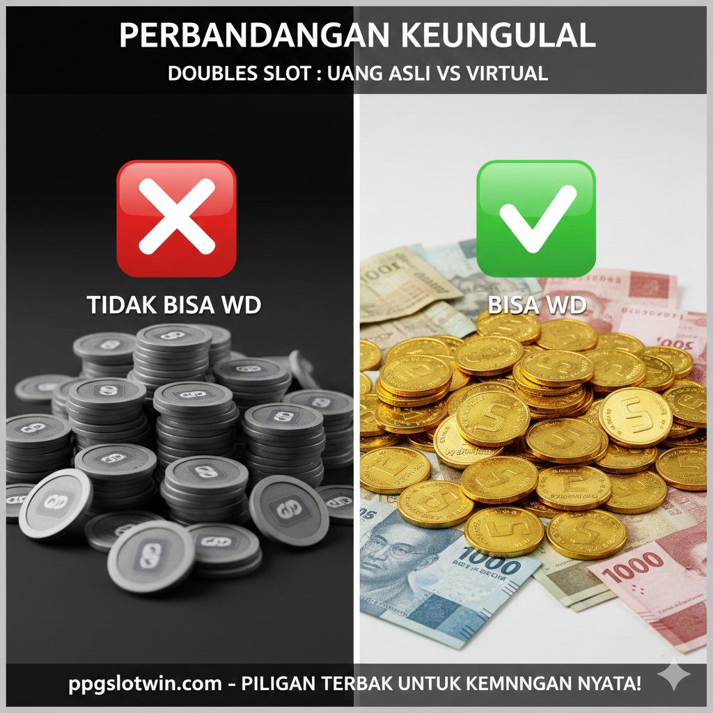 Gambar perbandingan yang membedakan platform uang asli ppgslotwin.com dari kasino sosial. Di sisi kiri (Kasino Sosial), tampilkan tumpukan koin virtual atau chip game dengan logo 'koin' yang buram dan kecil, disertai ikon 'X' (TIDAK BISA WD). Di sisi kanan (ppgslotwin.com), tampilkan koin emas dan uang kertas Rupiah (IDR) asli yang berlimpah, dengan logo 'ppgslotwin.com' dan ikon 'V' besar (BISA WD). Perbedaan visual harus mencolok: Sisi ppgslotwin.com harus lebih cerah, tajam, dan realistis untuk menonjolkan 'uang asli' dan 'keunggulan'. Gaya modern dan kontras tinggi.