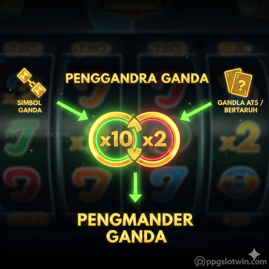 Visual yang secara jelas menggambarkan konsep 'Double Multiplier' (Pengganda Ganda). Gambar harus menampilkan dua ikon pengganda yang tumpang tindih atau berdekatan, misalnya simbol 'x10' dan simbol 'x2' menyatu untuk menghasilkan 'x20'. Gaya visual harus seperti grafis antarmuka slot game modern, dengan reel slot yang berputar di latar belakang buram. Palet warna didominasi oleh warna hijau neon, emas, dan merah untuk menunjukkan aksi dan kekayaan. Tiga panah menunjuk ke tiga fitur utama: Double Multiplier, Double Symbol, dan Double Up/Gamble Feature, dengan fokus terbesar pada 'Double Multiplier'.