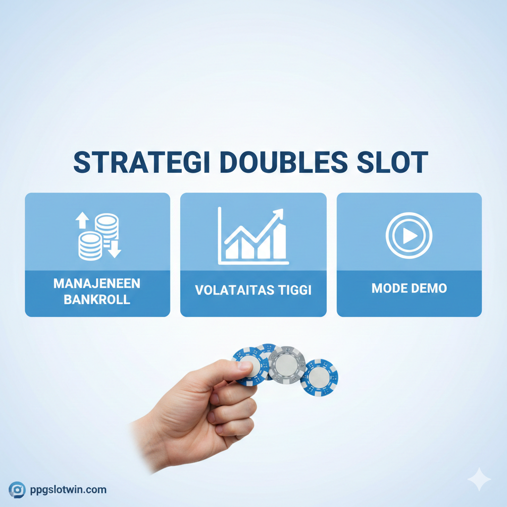 Visual yang fokus pada strategi bermain 'doubles slot' atau slot volatilitas tinggi. Gambar harus menampilkan diagram sederhana atau ikon yang mewakili 'Manajemen Bankroll' (tumpukan koin dengan tanda panah ke atas dan ke bawah), 'Volatilitas Tinggi' (grafik lonjakan tajam), dan 'Mode Demo' (ikon play kecil). Komposisi berupa tata letak infografis bersih dengan ikon yang jelas dan minimalis. Warna yang digunakan lebih tenang (misalnya biru muda, putih, abu-abu) untuk mencerminkan pendekatan strategis dan rasional, bukan emosional. Sebuah tangan yang memegang chip poker atau koin di latar depan dapat menambah sentuhan interaktif.
