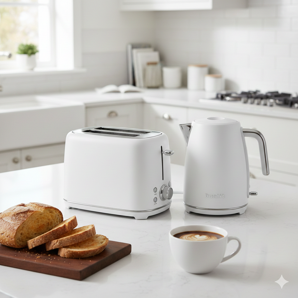 Foto gaya hidup (lifestyle) yang menunjukkan Dualit Architect 2 Slot Toaster White diletakkan di samping Dualit Architect Kettle Putih (Matching Kettle Architect Series) di dapur modern yang indah. Komposisi seimbang yang menampilkan kedua produk sebagai 'pasangan' yang sempurna untuk meningkatkan estetika dapur. Di latar depan, beberapa potong roti panggang yang sempurna dan secangkir kopi. Foto harus mengesankan hasil akhir yang stylish, premium, dan menargetkan pembelian paket kombo (toaster dan kettle).