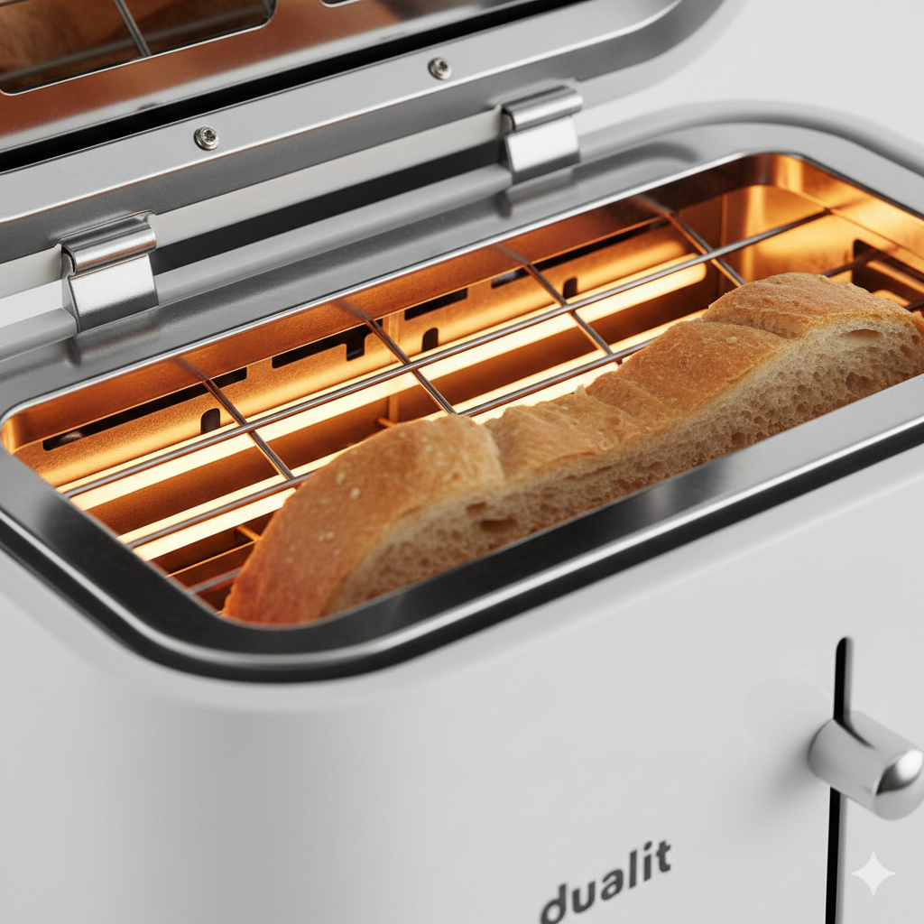 Foto Close-up (makro) dari slot pemanggang yang menunjukkan Elemen Pemanas Commercial Grade Pro-Standard. Elemen kawat pemanas harus terlihat kokoh dan berstandar industri. Foto harus juga menyorot lebar slot 36 mm yang mampu menampung Bagel atau Roti Tawar tebal. Gunakan pencahayaan hangat untuk meniru proses pemanggangan. Tujuan: menekankan daya tahan, kualitas pemanggangan yang konsisten, dan kemampuan untuk memanggang berbagai jenis roti tebal.