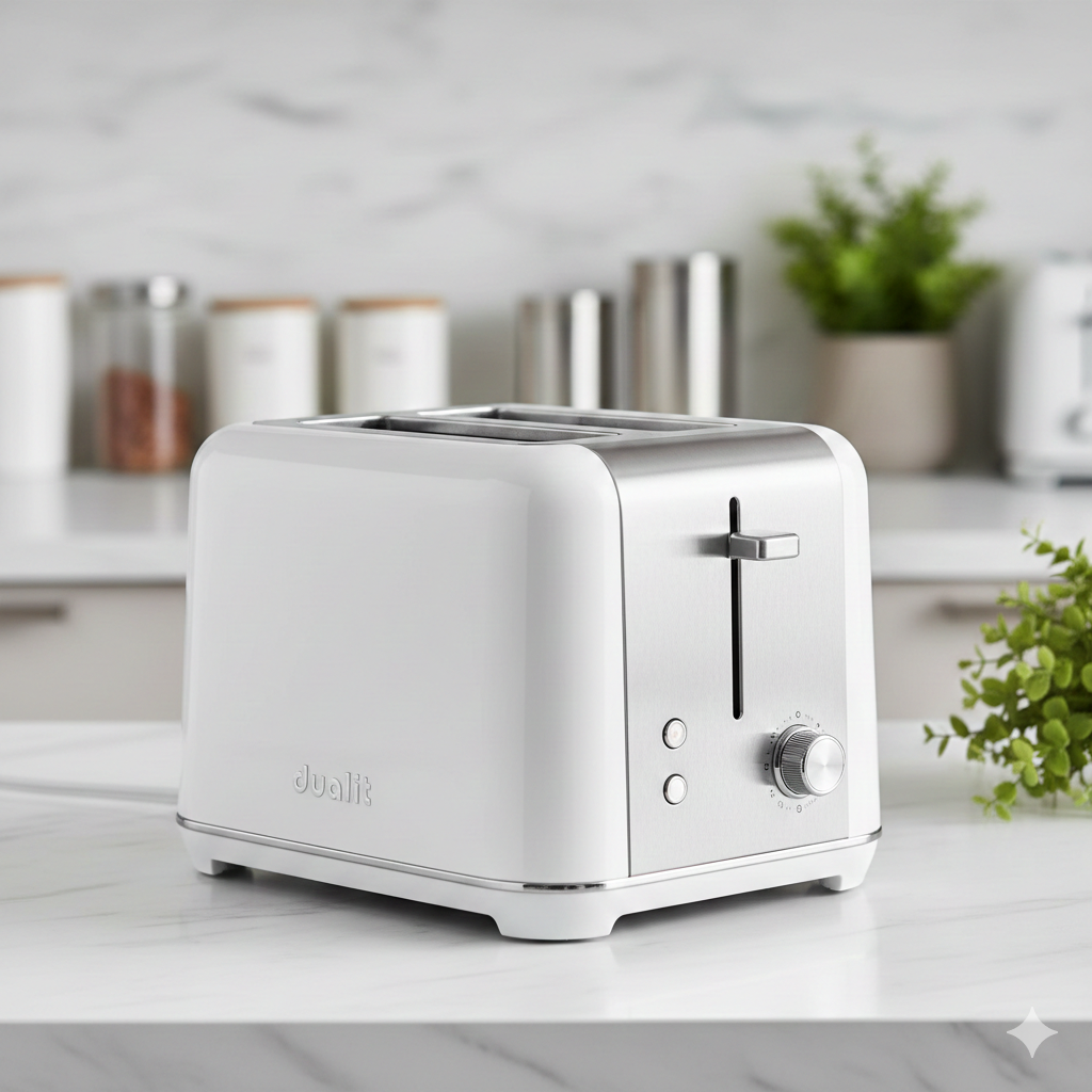 Diagram atau rangkaian foto bergaya 'langkah demi langkah' yang menunjukkan fitur desain modular. Gambar harus memperlihatkan seseorang dengan mudah melepas panel samping putih dari bodi toaster. Kemudian, di sebelahnya, tunjukkan panel berwarna lain (misalnya, hitam atau copper) yang siap dipasang. Gaya visual bersih dan instruktif. Fokus utama adalah pada kemudahan personalisasi dan pertukaran panel, menargetkan daya tarik desain yang dapat disesuaikan.