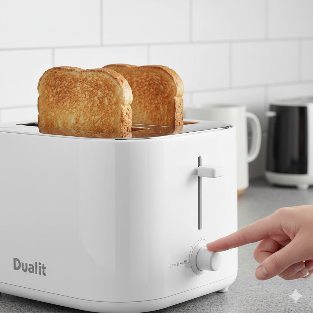 Ilustrasi visual atau foto yang fokus pada fitur Peek & Pop®. Tunjukkan aksi roti yang sedikit terangkat keluar dari slot pemanggang, seolah sedang diperiksa, dengan satu jari menekan tuas kontrol yang berlabel. Latar belakang dapur yang bersih. Tekankan pada dua elemen utama: roti panggang sempurna dengan warna cokelat keemasan yang merata, dan mekanisme tuas di bagian depan toaster. Warna putih toaster harus mendominasi, menonjolkan fungsionalitas canggihnya.