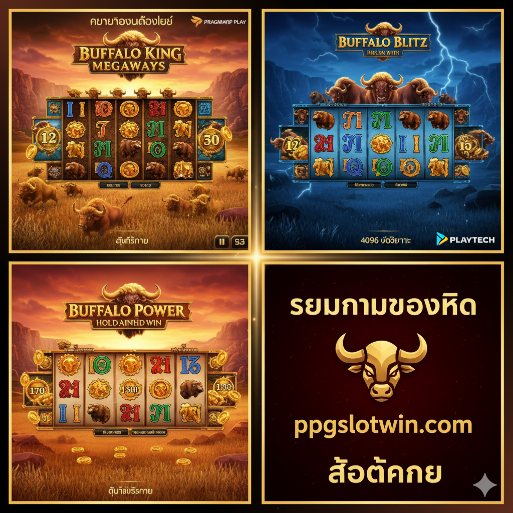 这张图片用于展示 "ကျွဲဂိမ်း slot" 的热门游戏合集。采用四分割构图,分别展示四款เกม的特色:1. Buffalo King Megaways (Pragmatic Play),突出其Megaways机制和金水牛。2. Buffalo Blitz (Playtech),展示其4096 ways和钻石符号。3. Buffalo Power: Hold and Win,展示其Hold and Win奖金太阳符号。4. 第四格是 ppgslotwin.com 的logo和“รวมเกมยอดฮิต”(热门游戏合集)字样。整体风格现代、清晰,色彩鲜艳,每个分割区域都有清晰的游戏标题,吸引玩家浏览不同的 "สล็อตควาย" オプション。