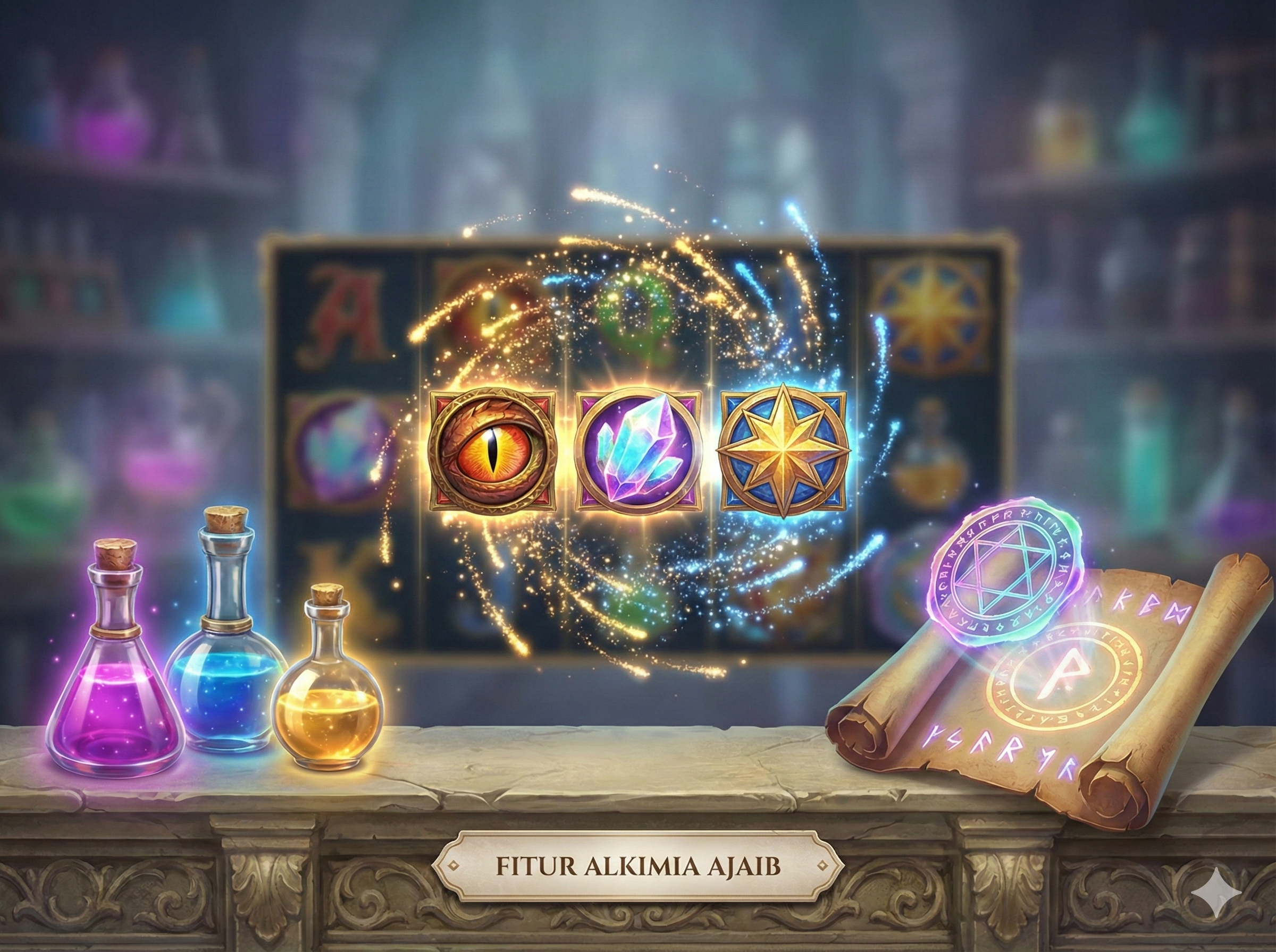 展示游戏核心功能的特写图。画面聚焦于炼金术元素，如发光的药水瓶、古老的咒语卷轴和魔法符号。当符号匹配时，产生“Wip Wup”的闪烁粒子特效，视觉上呈现出一种魔力转化的瞬间。光线柔和但色彩鲜艳，强调PG Soft的高清3D画质。背景模糊处理以突出前景的魔法元素，展现游戏的高级感和趣味性。