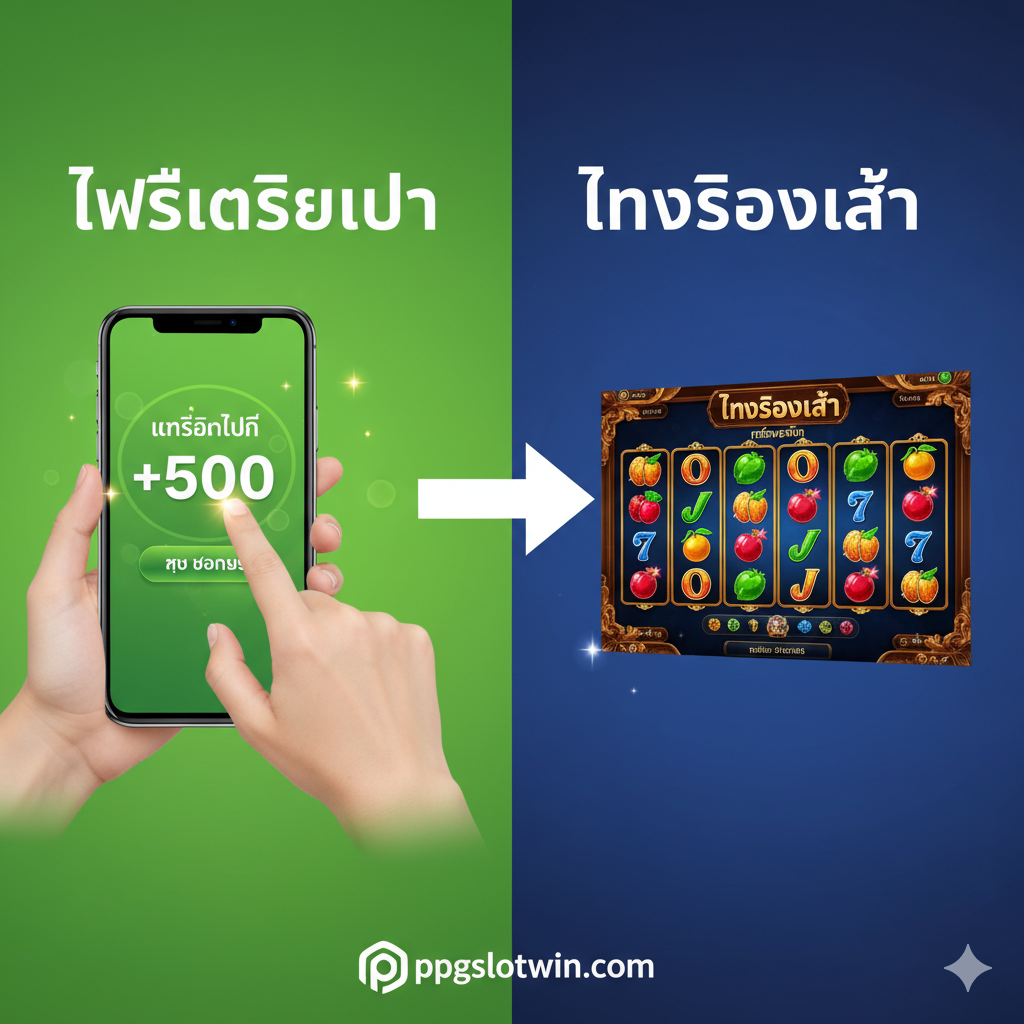 ภาพหน้าปกที่ดึงดูดสายตาสำหรับ 'free slot and casino games' แสดงเหรียญทองหรือชิปคาสิโนที่ส่องประกายสว่างไสว พร้อมสัญลักษณ์สล็อตแมชชีน (เช่น 777, BAR, หรือผลไม้) ที่หมุนอยู่ด้านหลัง พื้นหลังเป็นโทนสีน้ำเงินเข้มและทองคำหรูหรา มีแสงไฟนีออนสว่างไสวสะท้อนออกมาจากหน้าจอเกมสล็อตขนาดใหญ่ตรงกลาง เน้นคำว่า 'FREE CREDIT' และ 'NO DEPOSIT' เป็นภาษาไทยด้วยตัวอักษรสีทองโดดเด่นและมีโลโก้ ppgslotwin.com เล็กน้อยที่มุมเพื่อสร้างความน่าเชื่อถือ