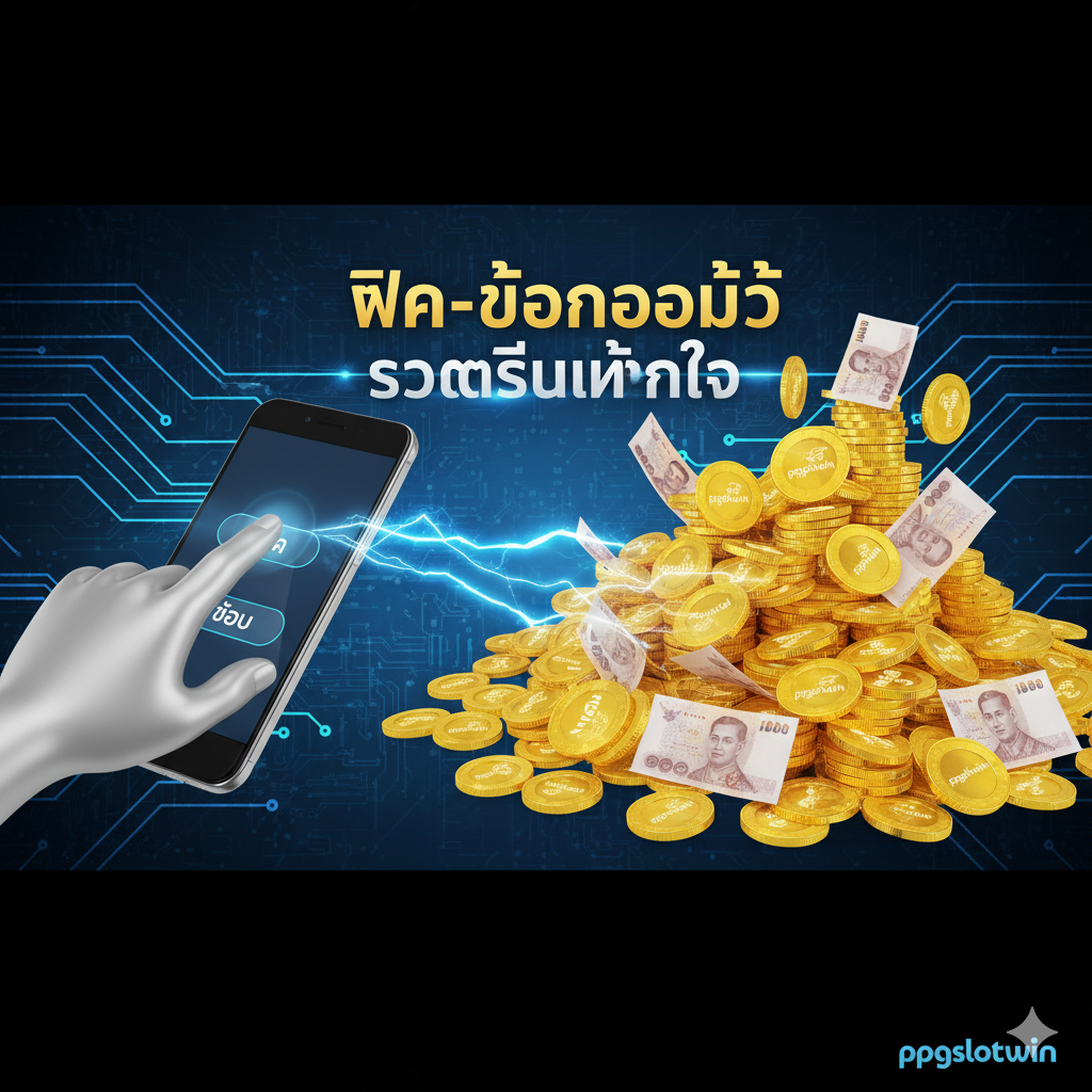 优势特点图,强调'ฝาก-ถอนออโต้'(自动存取)和'รวดเร็วทันใจ'(快速)。图片构图应是双重场景:左侧是一只手点击手机屏幕上的'Deposit/Withdraw'按钮,瞬间转换为右侧堆积如山的金币和泰铢钞票。金币上隐约可见'ppgslotwin'的Logo。背景应是高科技感的电路板纹理,配上快速移动的蓝色光线,象征系统的快速和自动化。整体风格现代且高效,用亮蓝色、银色和金色突出速度和安全感。