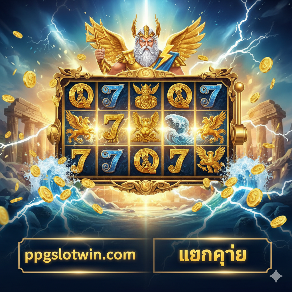 一张引人注目の封面图,主题为'God Game Slot Machine'。画面中央是巨大的老虎机屏幕,展示着古希腊或古罗马风格的神祇(如宙斯或波塞冬)的金色符号。背景是宏伟的奥林ปัส山或神殿遗址,有金色的光芒和闪电效果。整体色彩采用深蓝色、金色和电光白,营造出史诗般的神秘和高贵感。底部小字或Logo区域突出'ppgslotwin.com'和'แตกง่าย'(易爆奖)。构图上,老虎机占据视觉中心,周围环绕着象征财富和神力的元素(如金币、闪电)。