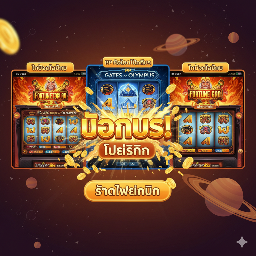功能特性图,突出'โบนัส'(奖金)和'ซื้อฟรีสปิน'(购买免费旋转)的特点。画面应展示三个不同神主题的老虎机屏幕小窗口并排(例如PG Slot的财富之神、PP的奥林ปัส之门、Jili的财富之神),每个小窗口上方都有醒目的标签标示其特色。中间部分重点是一个动态的免费旋转(Free Spin)触发画面,用巨大的金色'BONUS'字样和爆发的金币流来强调高回报。背景是抽象的宇宙星辰或神祇纹理,使用鲜艳的橙色和金色,传达'พลังเทพ'(神力)和财富。