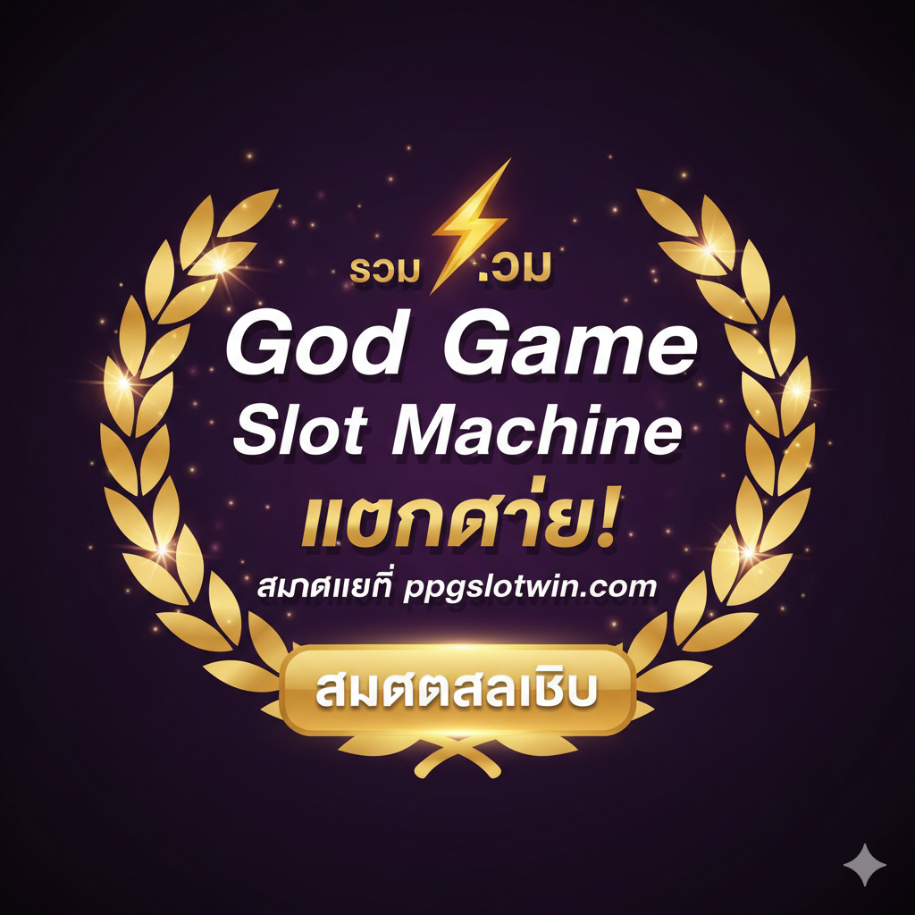 总结和行动呼吁图。画面中央是清晰的泰语行动呼吁文字：'⚡รวม God Game Slot Machine แตกง่าย! สมัครเลยที่ ppgslotwin.com'（集合神游戏老虎机易爆奖！立即注册ppgslotwin.com）。文字周围环绕着胜利的金色月桂花环和闪耀的星星。背景为深邃的紫色和黑色，突显文字的金色和白色，营造出豪华和排他性。图片下方应有一个明显的按钮形状元素（如一个金色的'สมัครสมาชิก'按钮），增强用户点击的欲望，实现对文章的有效总结和转化。