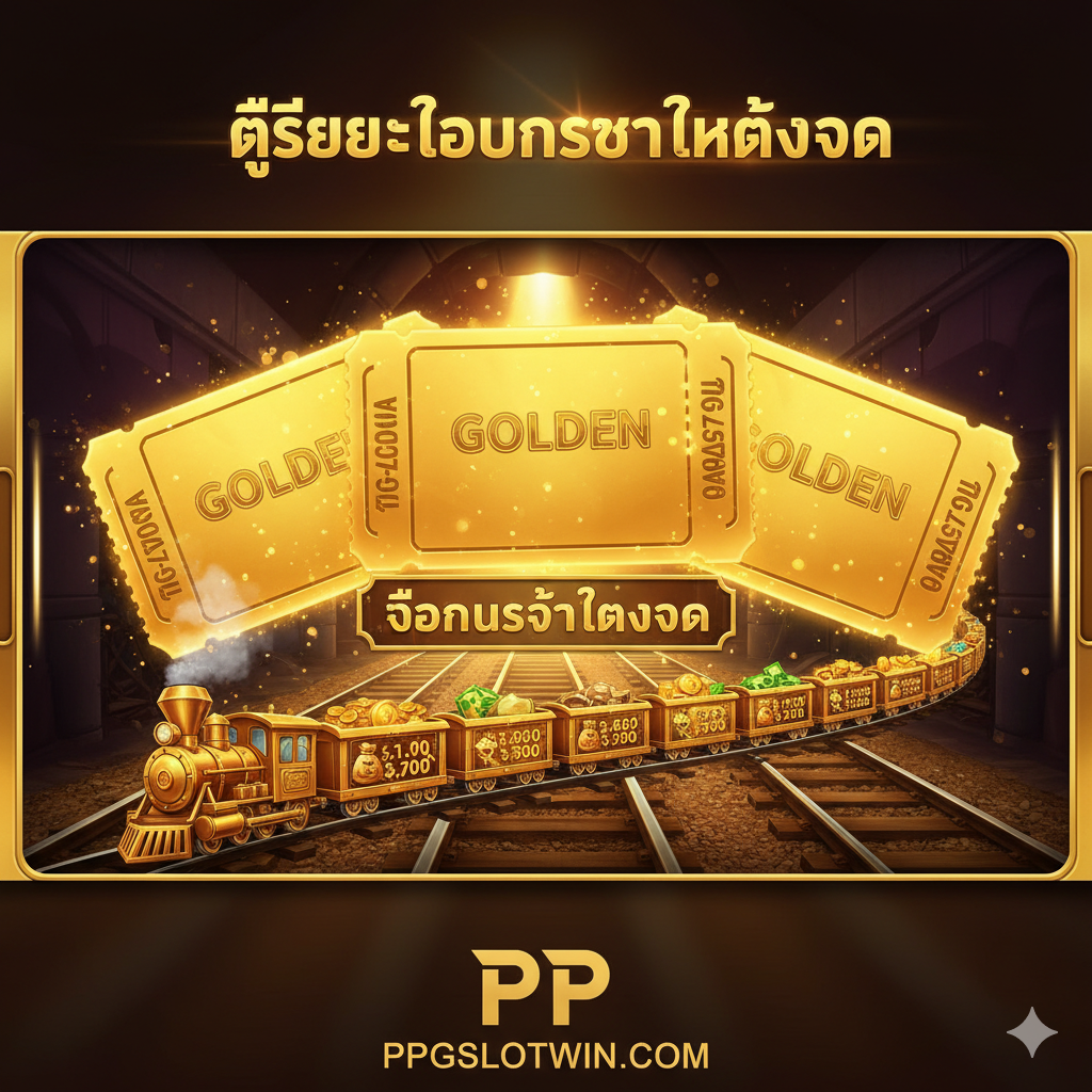 ภาพเน้นฟีเจอร์เด่นของเกมคือ 'Progressive Bonus Feature' หรือ 'โบนัสตั๋วทอง' แสดงให้เห็นหน้าจอเกมที่กำลังเข้าสู่รอบโบนัสพิเศษ มีภาพตั๋วทองคำ (Golden Ticket) 3 ใบวางเรียงกัน และมีขบวนรถไฟขนาดเล็กวิ่งเรียงตามกันเป็นแถว แต่ละตู้รถไฟบรรจุสัญลักษณ์รางวัลเงินสด (Money Symbols) หรือเหรียญทอง แสดงถึงการสะสมรางวัลที่เพิ่มขึ้นเรื่อยๆ ใช้สีสันสดใสเพื่อดึงดูดสายตา เน้นเอฟเฟกต์แสงและประกายทองเพื่อสื่อถึงรางวัลใหญ่ที่กำลังจะมาถึง