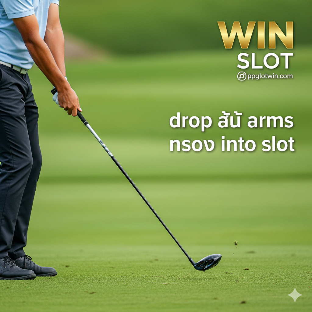 特写镜头捕捉一位高尔夫球手在下杆（Downswing）过程中，手臂和球杆完美地“落入槽中”（drop arms into slot）的瞬间。画面应突出球杆沿着浅平（shallow）的内侧路径下落，手臂与身体的夹角紧凑。背景采用高尔夫球场绿色草坪的景深效果，色彩鲜明，运动感强。风格应是高动态范围（HDR）的专业运动摄影，强调力量与精准。在右上角或左下角巧妙地融入泰文“WIN”และ“SLOT”字样，以匹配ppgslotwin.com的主题。