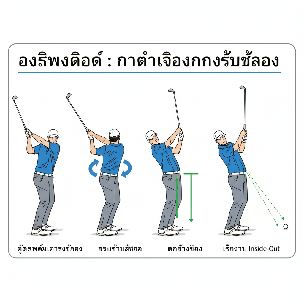 一张清晰的图解或动态分解图，展示高尔夫球手从上杆顶点（Top of Backswing）到“落入槽中”（The Slot）的连续动作。使用三步或四步的序列图（Sequence），重点标记身体下部（Hip Rotation）先启动，以及右臂放松下垂（Drop Arms）的位置。画面采用专业教学图的风格，箭头和虚线清晰指示正确的挥杆路径（Inside-Out）。色彩干净，背景简约，强调技术细节，体现“进入Slot”是实现“Inside-Out”路径的关键功能。