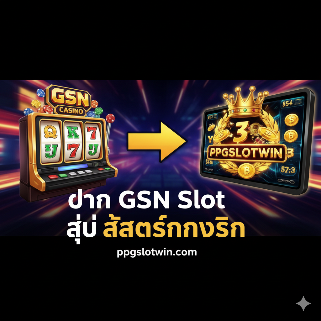 ดิจิตอลอาร์ต แสดงการเปลี่ยนจาก GSN Casino ชิปเสมือนไปสู่ ppgslotwin สล็อตเงินจริงที่มีเงินบาทและทองคำ พร้อมลูกศรชี้ไปทางขวา