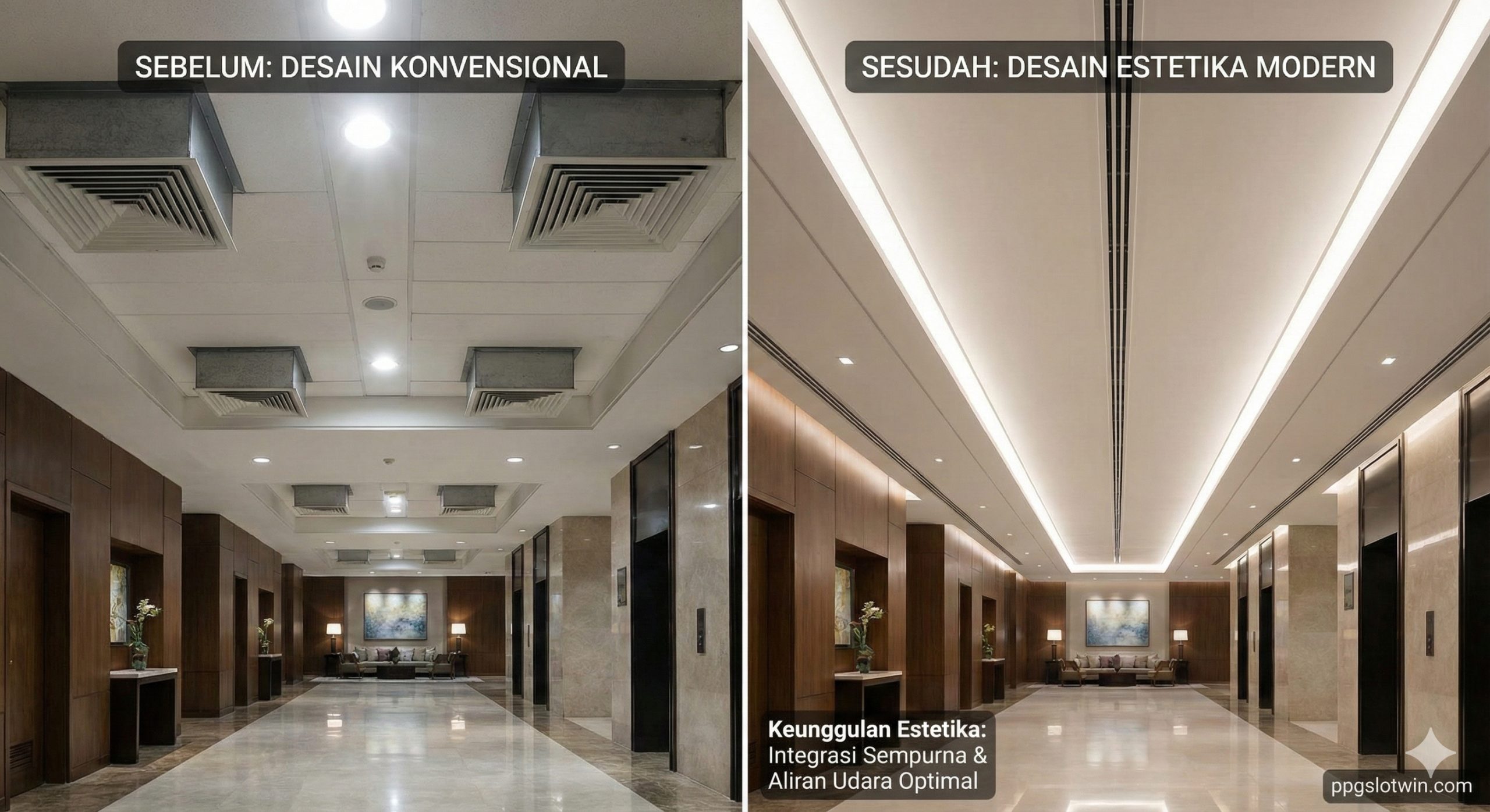 对比展示图，旨在突出现代室内设计的审美优势。画面展示一个宽敞的酒店大堂或高端商场中庭，天花板采用长距离连续拼接（Continuous Run）的线性散流器，与照明灯带平行排列，形成极简的线条美。没有任何突兀的传统方形风口破坏视觉。光影效果极佳，强调产品如何隐形于设计之中，同时暗示大风量（如4槽配置）的应用场景。