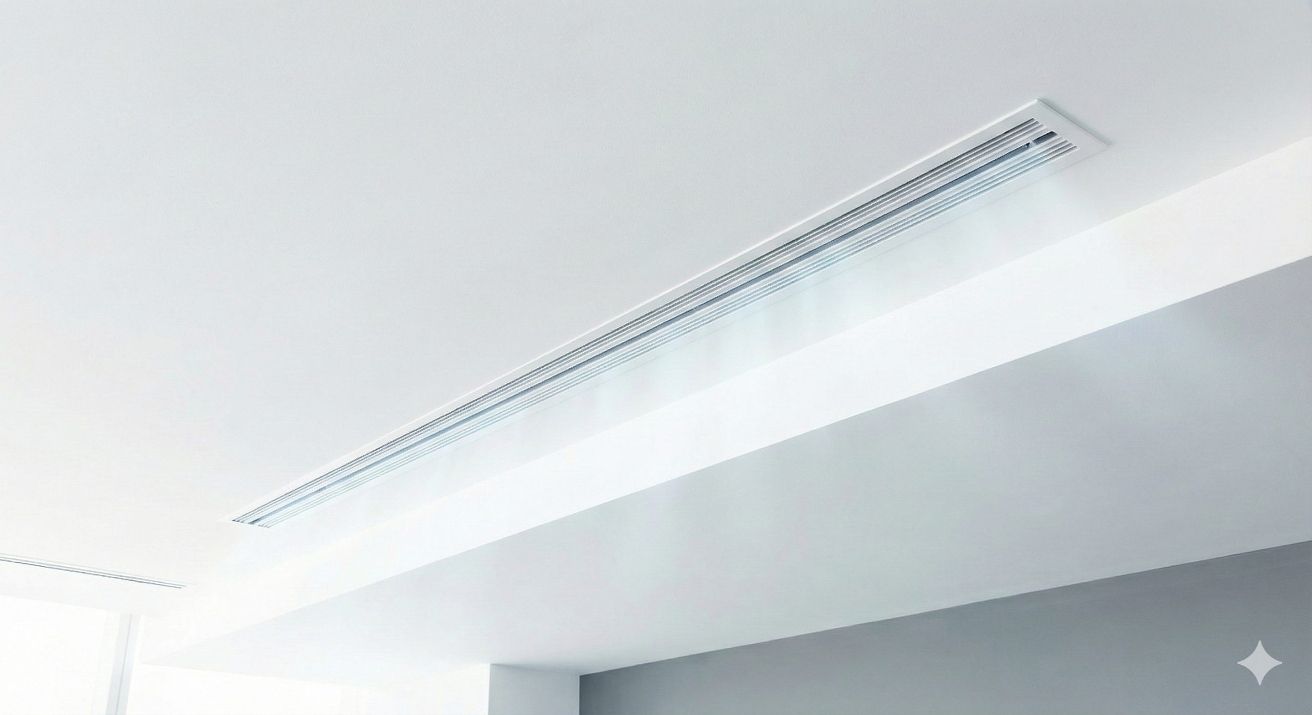 一张展现现代简约室内设计风格的高清摄影图。画面中心是洁白平整的石膏板天花板，嵌入安装了一条细长优雅的HVAC线性槽式散流器（Linear Slot Diffuser）。光线柔和明亮，营造出高端写字楼或豪华公寓的氛围。视角微微仰视，突出散流器线条与建筑结构的完美融合，体现'Estetik & Efisien'（美观与高效）的主题，色调以白色、冷灰和淡蓝色为主，暗示清凉舒适的空气流动。