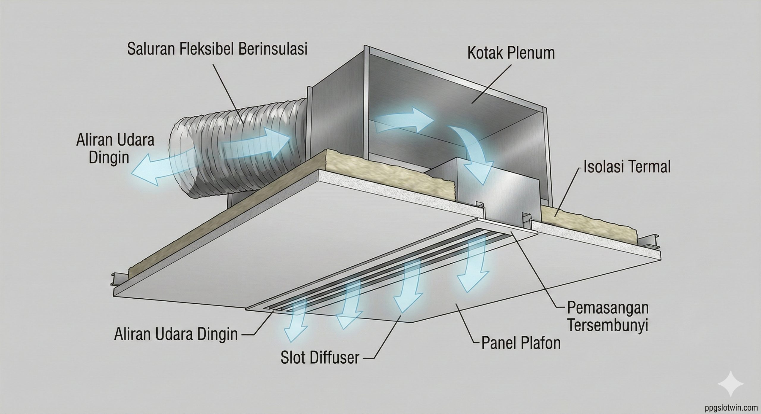 一张清晰的3D剖面技术示意图，用于解释安装过程。图中展示了吊顶内部结构，包括静压箱（Plenum Box）的连接、软风管（Flexible Duct）的接入以及带有保温棉的绝热层。用淡蓝色的半透明箭头形象地描绘冷空气从管道进入静压箱，最后通过Slot Diffuser的狭缝吹出的路径。图解风格专业、干净，背景为纯色，便于读者理解隐藏式安装（Concealed Fixing）的原理。