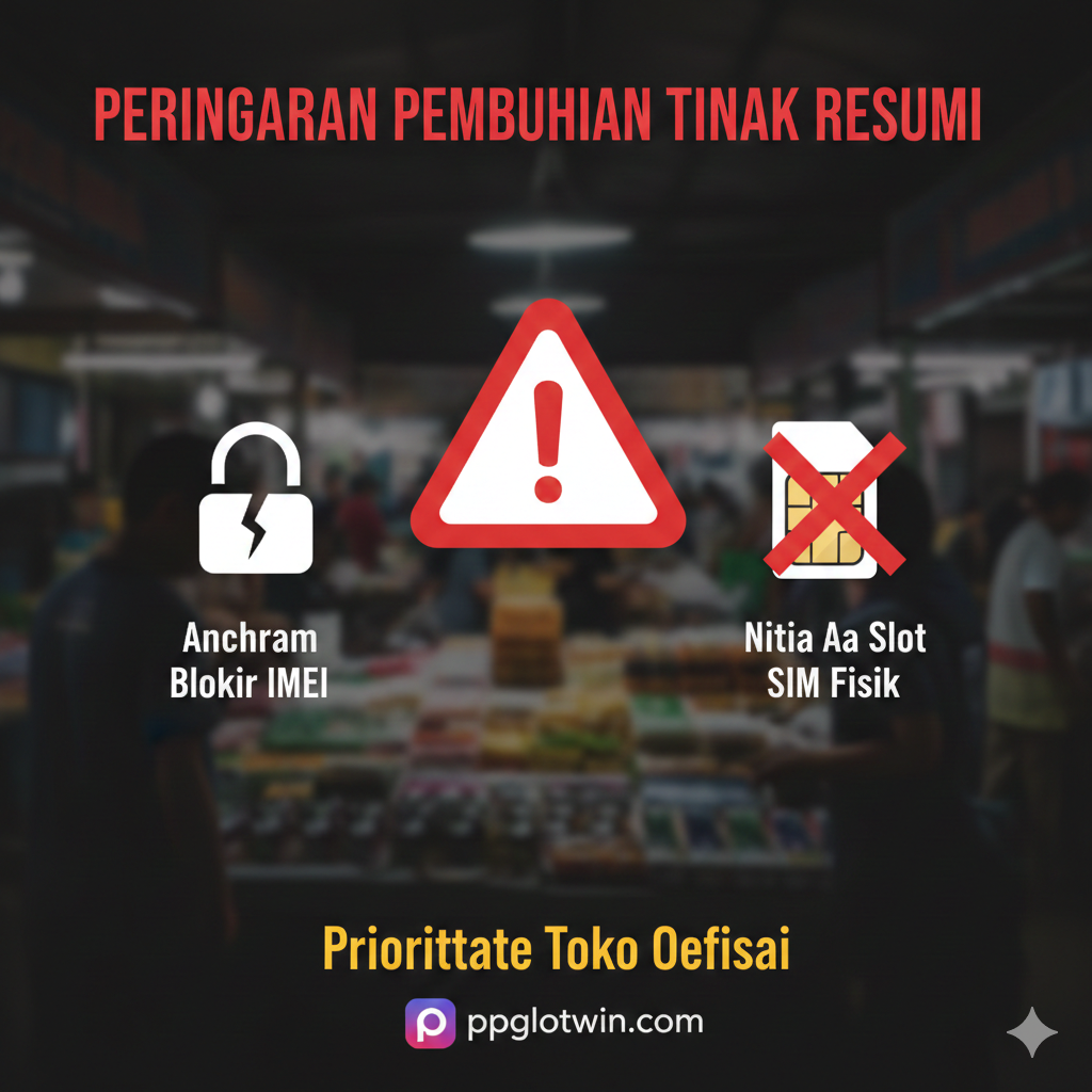 一张总结和警告图,关于购买非官方iPhone 14的风险(尤其是eSIM Only Inter model)。画面中心是一个大大的红色警示标志(如三角感叹号),背景是模糊的'marketplace'交易场景。在警示标志周围,用简洁的图标或文字突出两个主要风险:'Ancaman Blokir IMEI'(IMEI封锁威胁)和'Tidak Ada Slot SIM Fisik'(没有物理SIM卡槽)。整体采用深色背景搭配高对比度的红色和黄色,营造出严肃和警示的氛围,提醒用户'Prioritaskan Toko Resmi'(优先官方商店)。